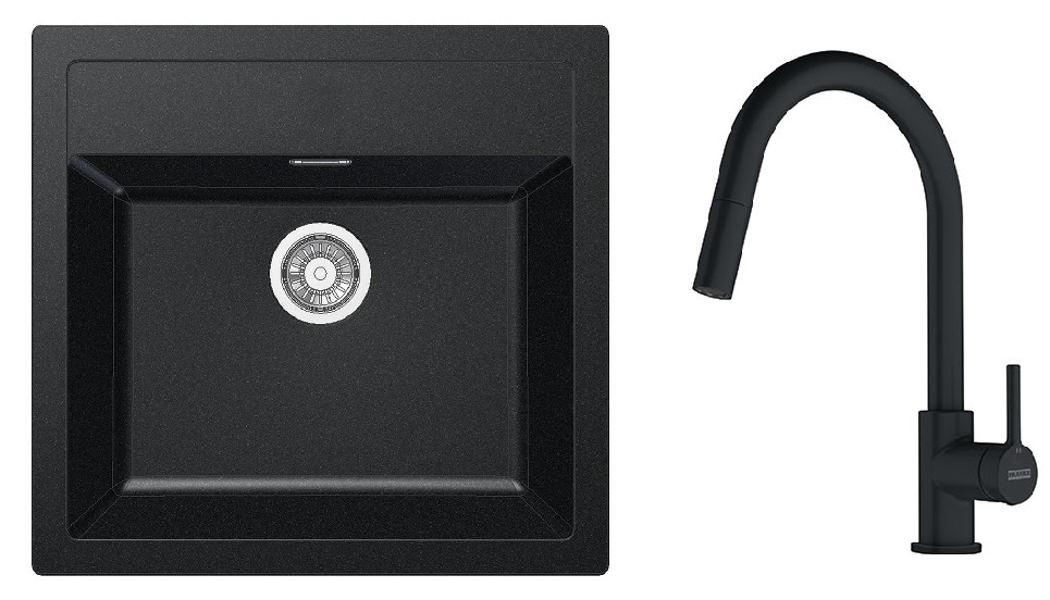 Zestaw Franke Sirius zlewozmywak granitowy 56x53 cm z baterią kuchenną Lina Pull-Out onyx/ czarny mat (1140205049, 1150626053) - Wysyłka w 24h