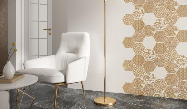 Paradyż Shiny Lines dekor ścienno-podłogowy 19,8x17,1 cm inserto motyw B złoty/biały mat