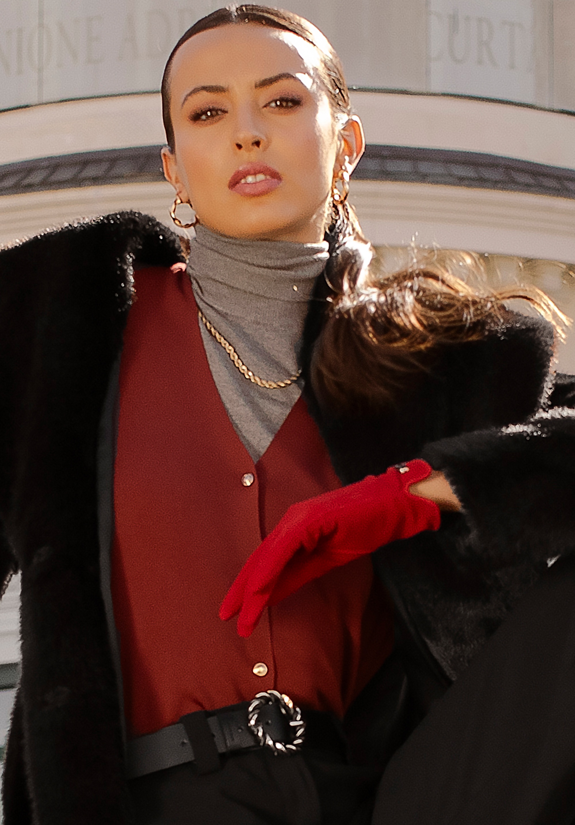 Dodatkowy rabat 25% - Damskie rękawiczki welurowe ciemny czerwone