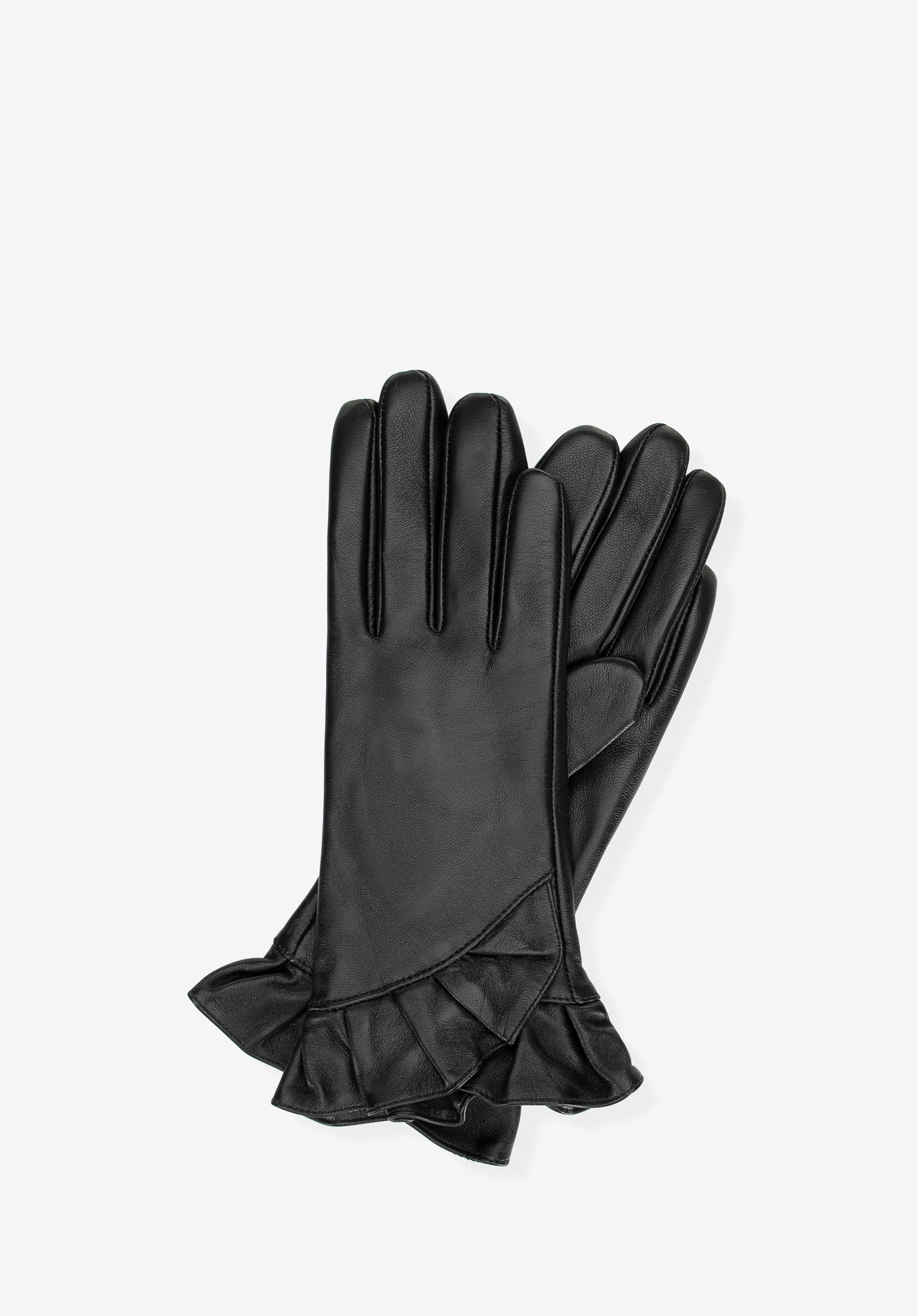 Dodatkowy rabat 25% - Damskie rękawiczki skórzane z dekoracyjną falbaną czarne