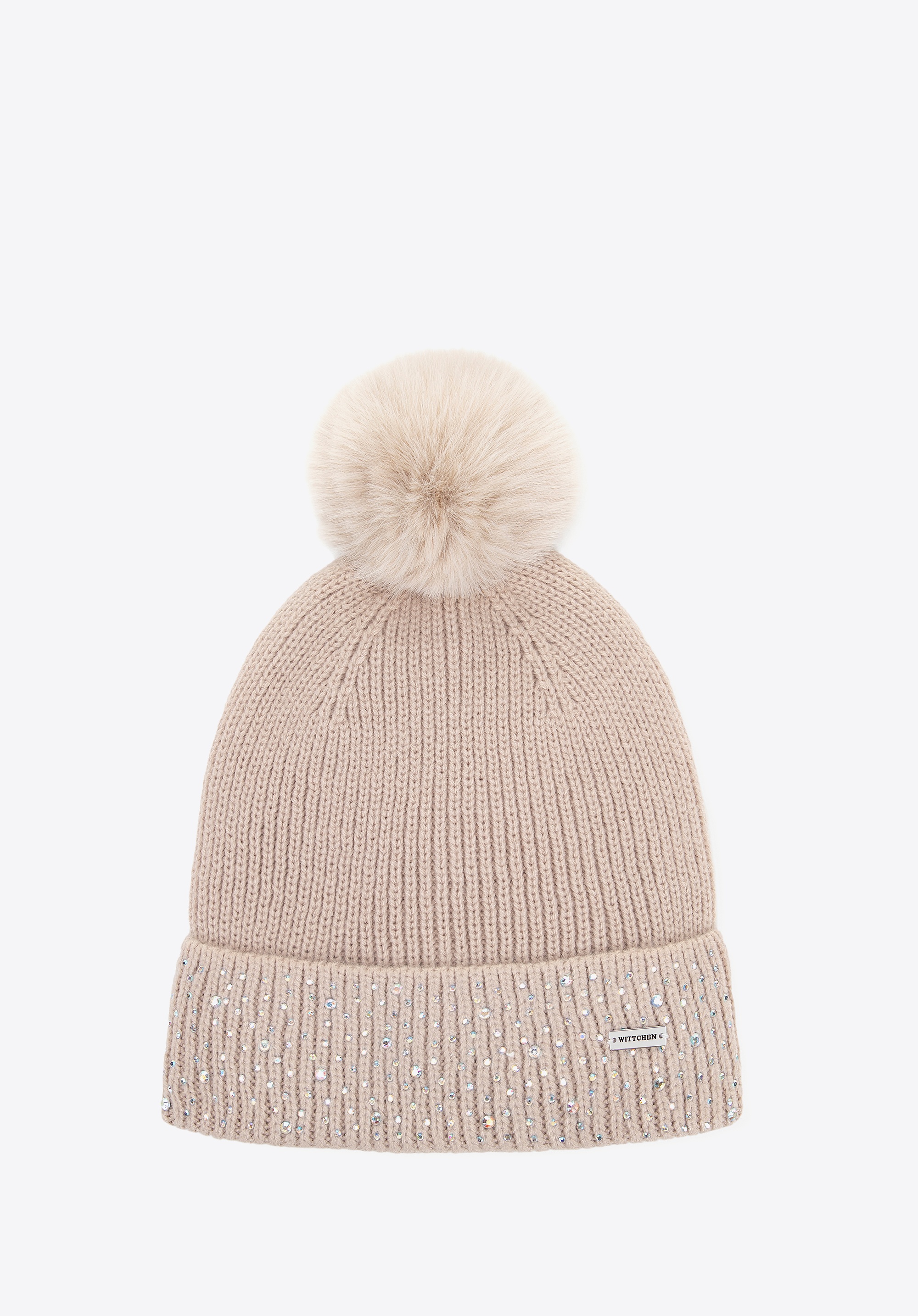 Dodatkowy rabat 25% - Czapka damska zimowa z cyrkoniami beżowa