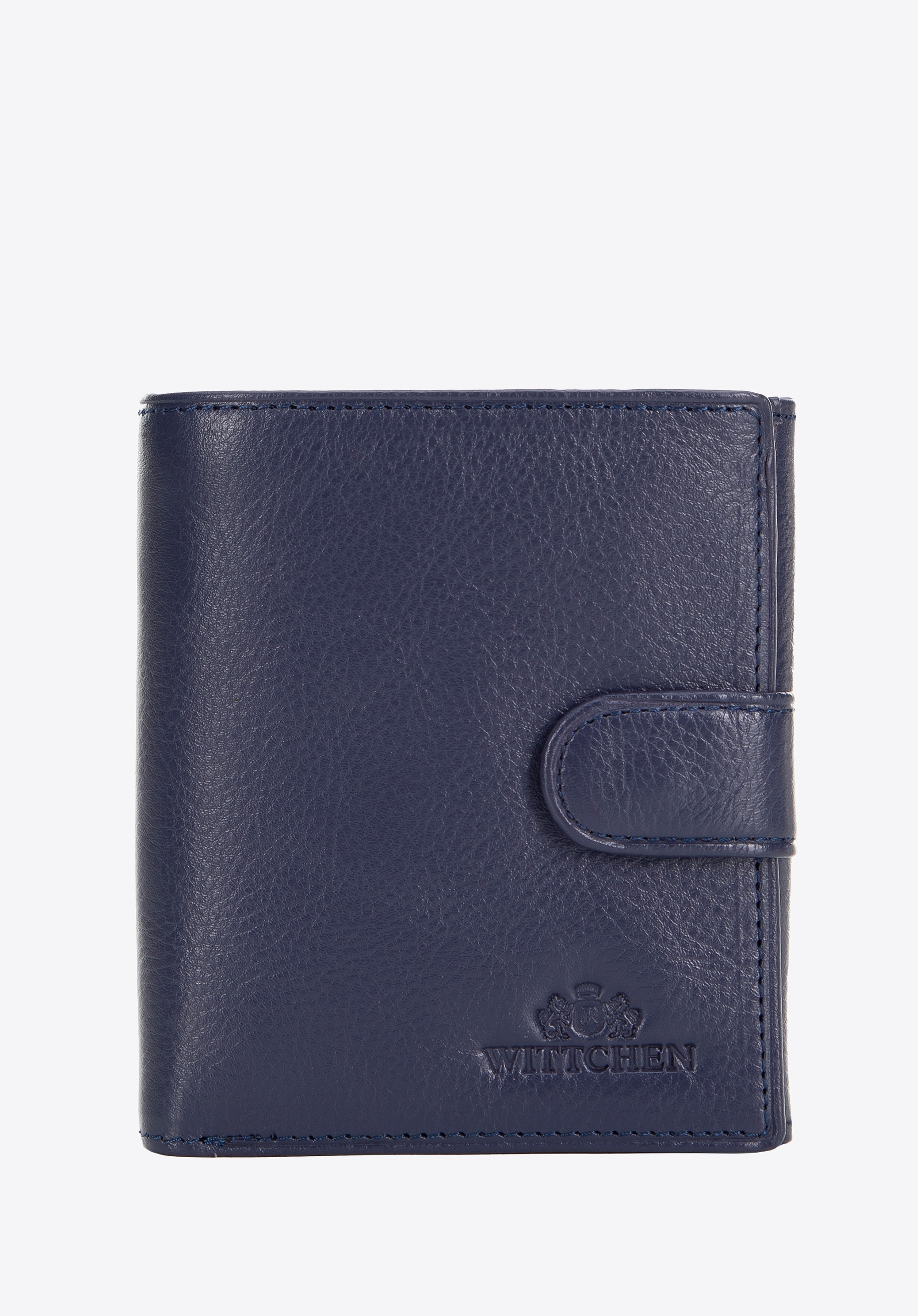 Męski portfel skórzany z zapięciem na napę granatowy
