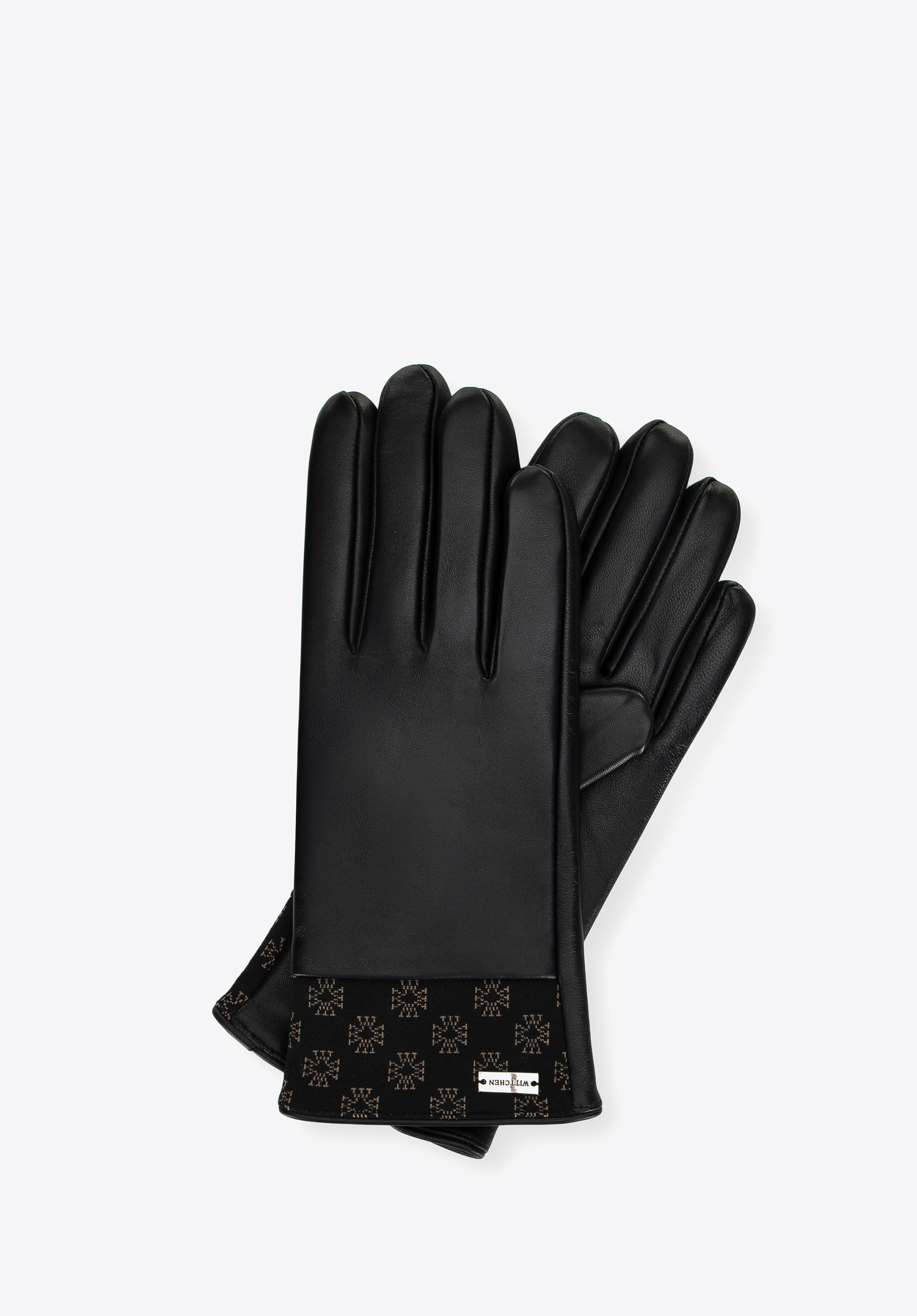 Damskie rękawiczki skórzane z monogramem na brzegu czarne