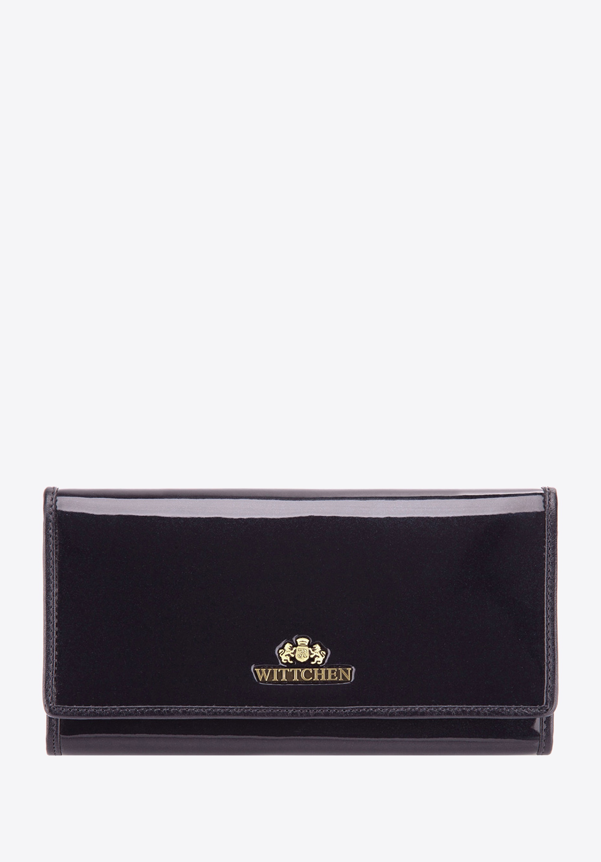 Damski portfel ze skóry lakierowany poziomy granatowy