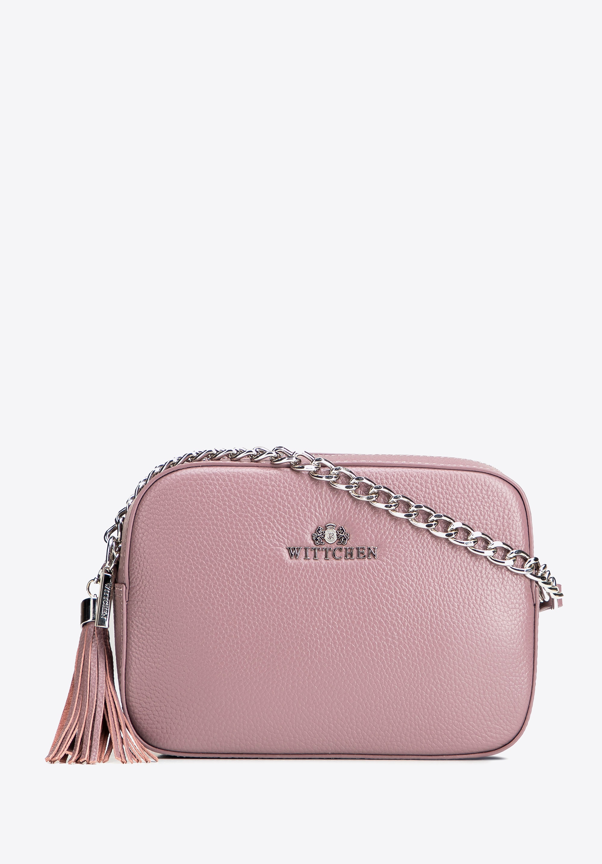 Damska listonoszka skórzana pudełkowa na łańcuszku fioletowa