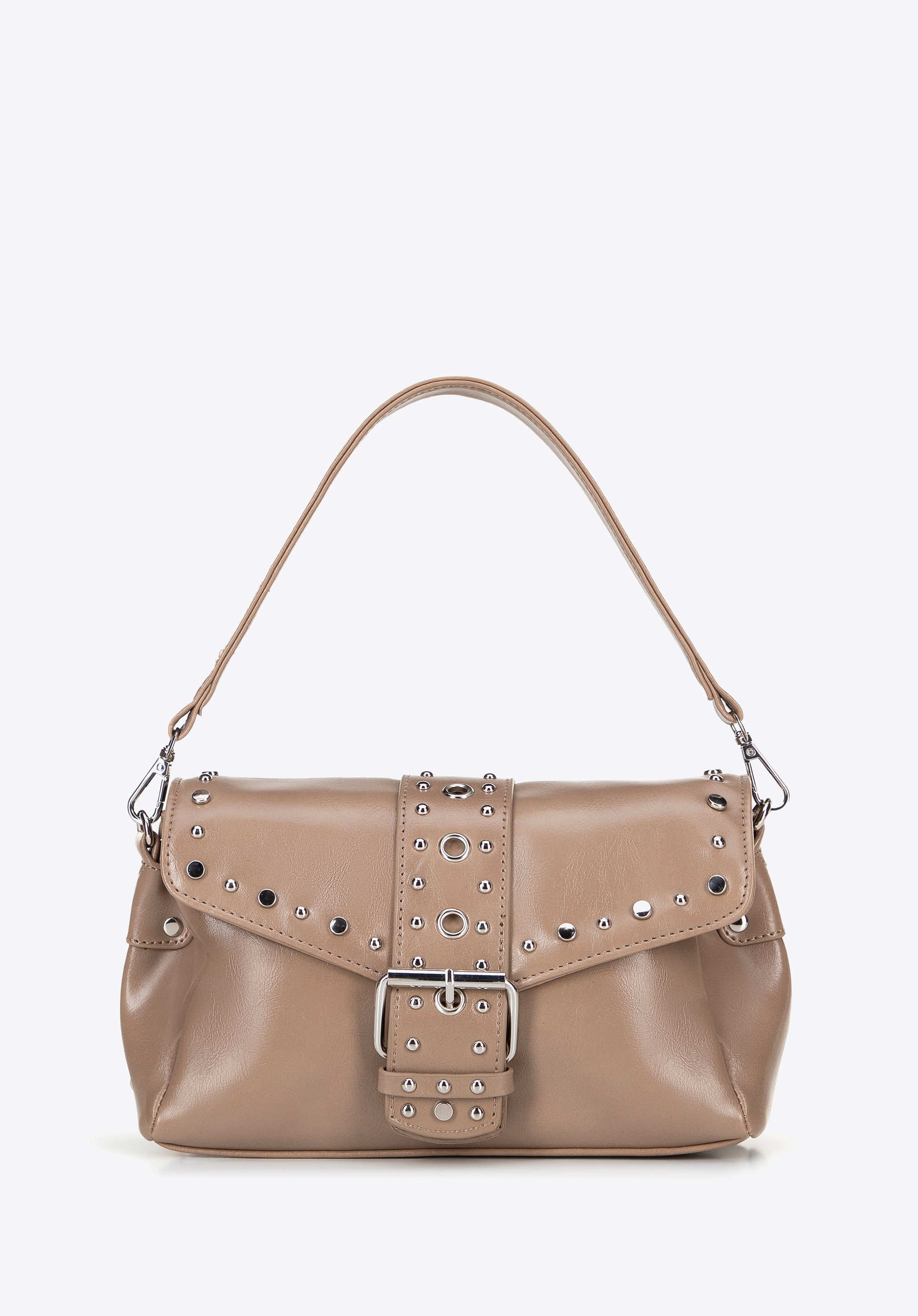 Dodatkowy rabat 25% - Damska crossbody z ekoskóry w dekoracyjne nity beżowa