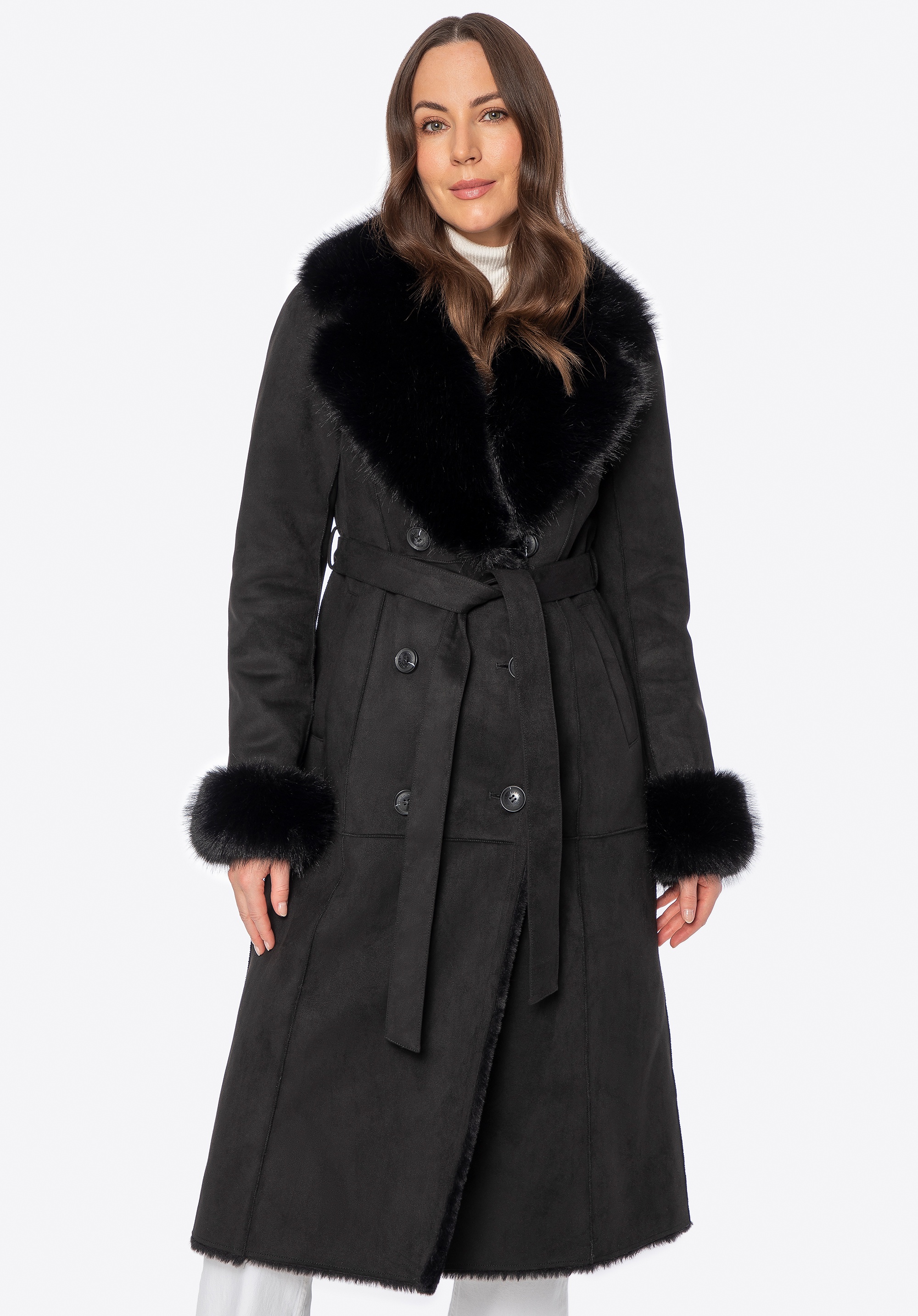 Dodatkowy rabat 25% - Dwurzędowy damski płaszcz z futrzanym kołnierzem czarny