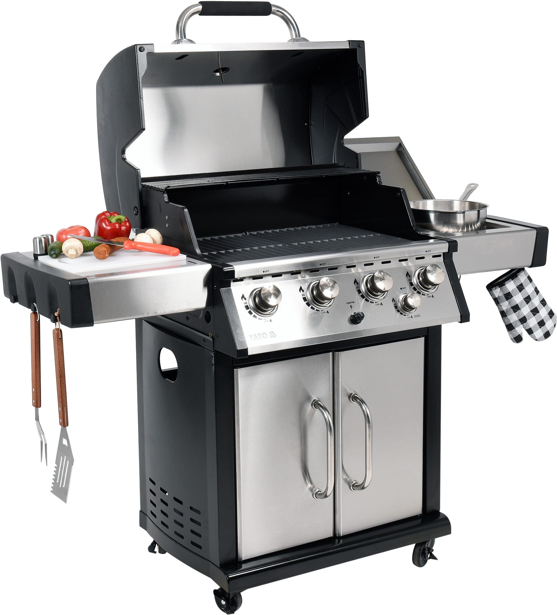 Grill gazowy 17,5kW z szafką i pokrywą, 4 palniki + palnik pomocniczy