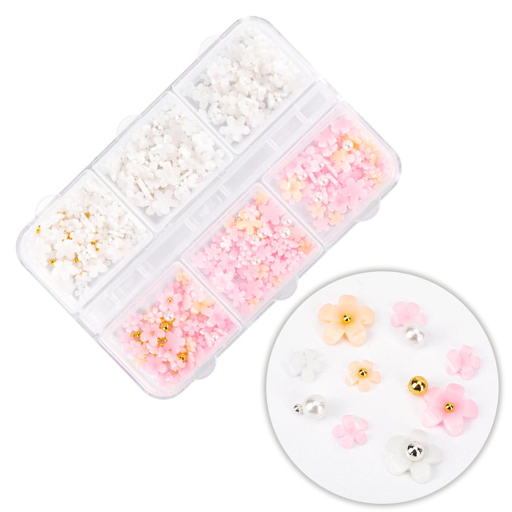 Kasetka z ozdobami akrylowe kwiatki mix kolorów ok 180 sztuk