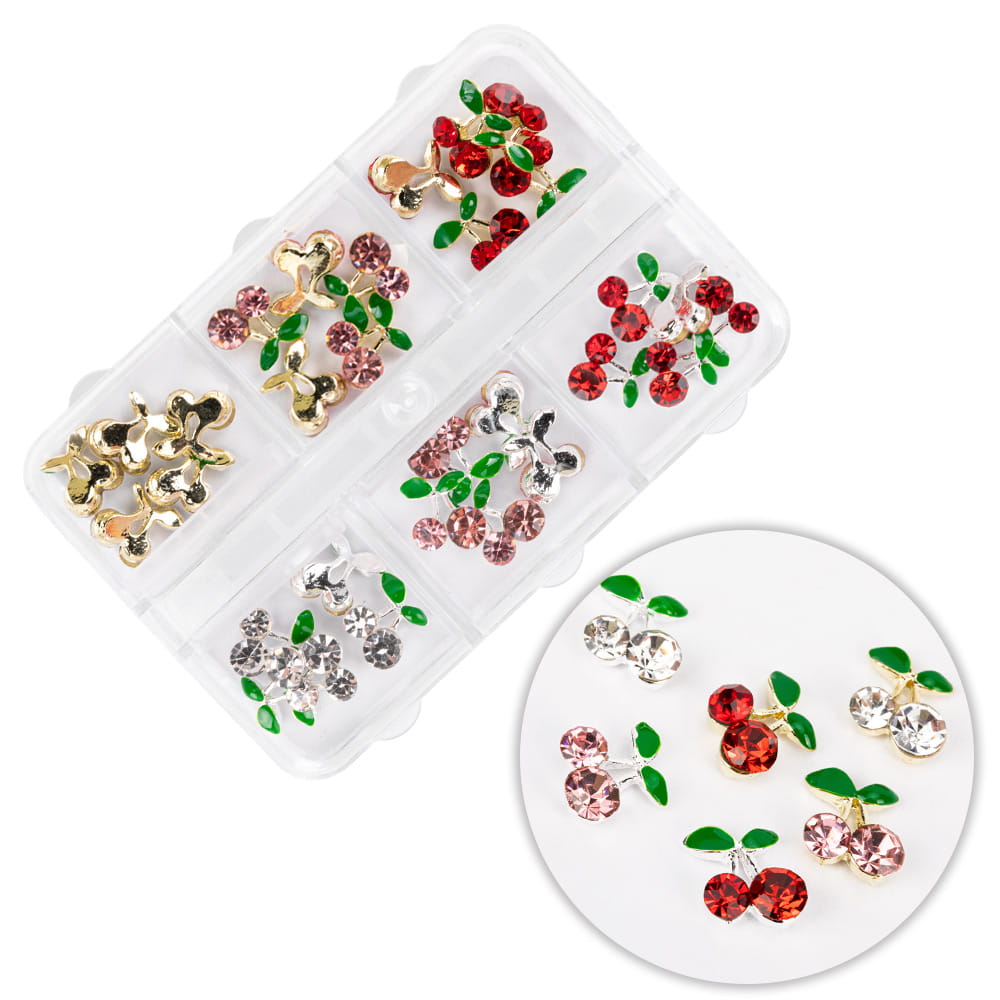 Kasetka z ozdobami wiśnie z cyrkoniami mix kolorów 30 sztuk