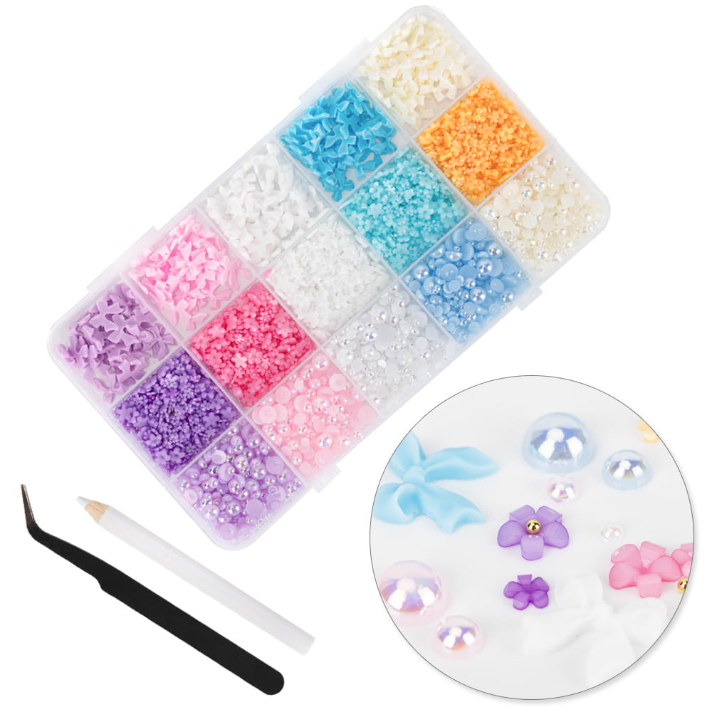 Kasetka z ozdobami kokardki kwiatki perełki BKHZ-006