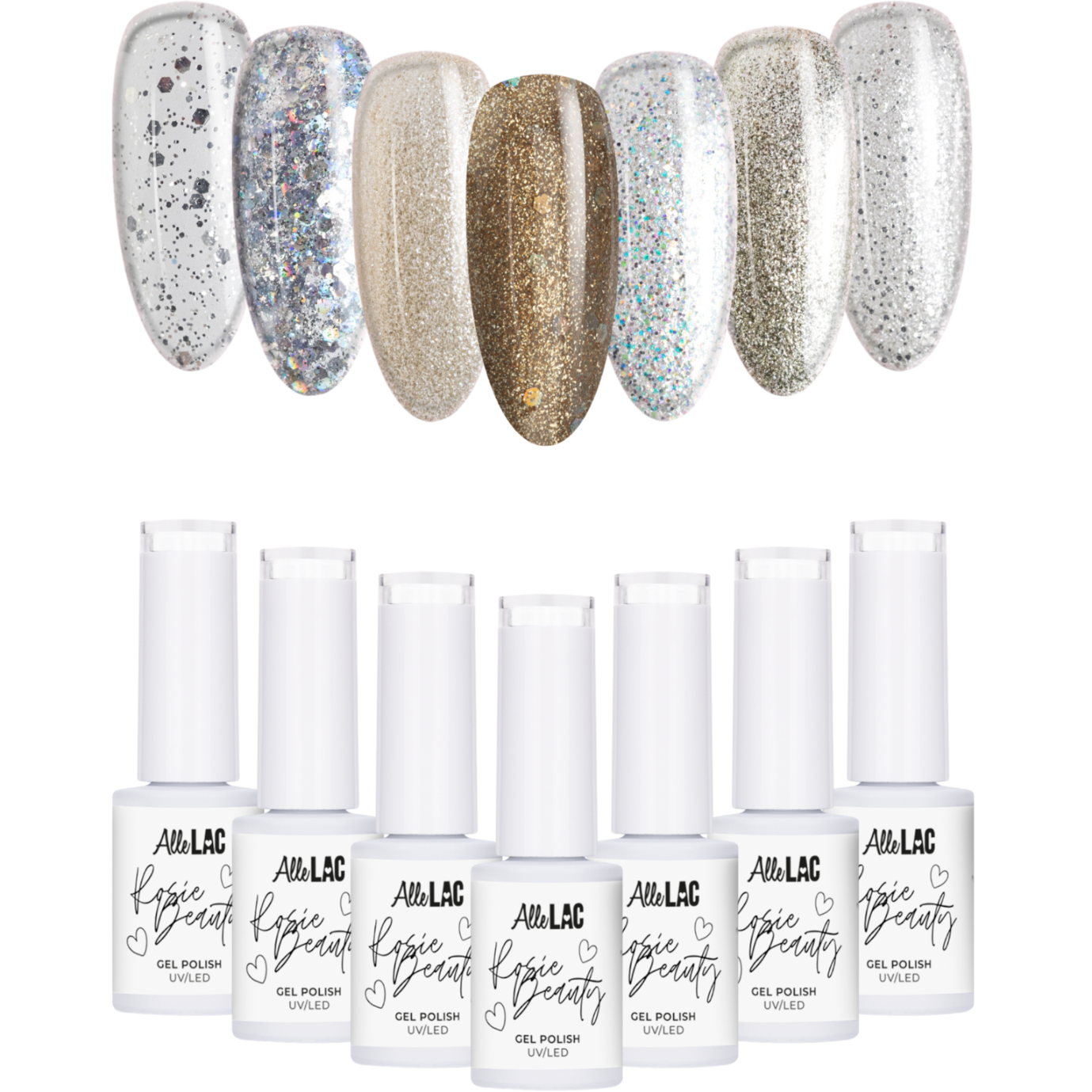 7x Lakier Hybrydowy ALLELAC 6g Rosie Beauty ZESTAW Świąteczny Brokatowy 7w1