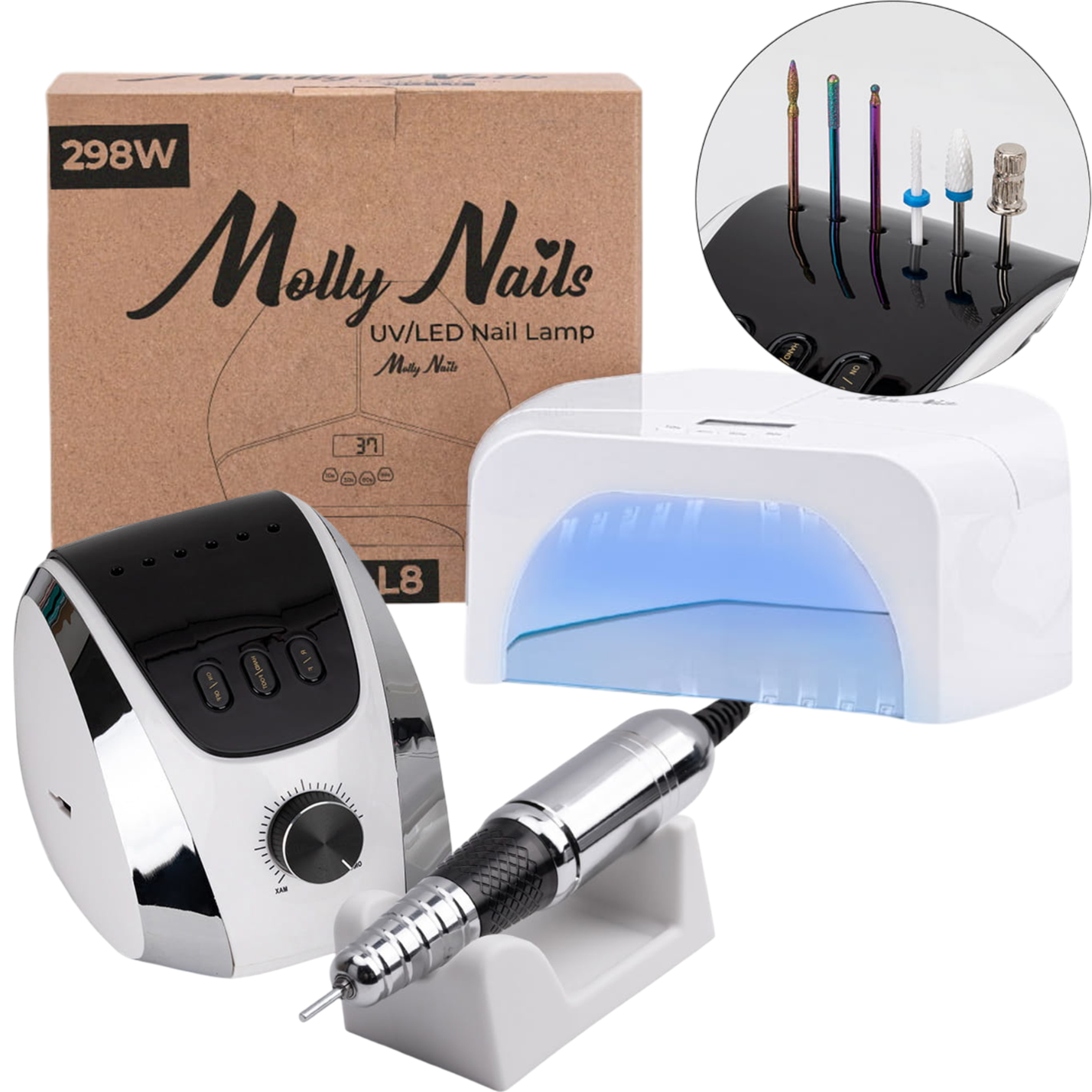 Zestaw 2w1 Lampa Do Paznokci LED/UV MOLLYNAILS BQ-L8 + Frezarka Do Paznokci M13