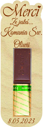 Podziękowanie dla gości MERCI czekoladki prezent z życzeniami na Komunię Roczek Urodziny Ślub Chrzest Święty IMIĘ grawer napis Dziękuję