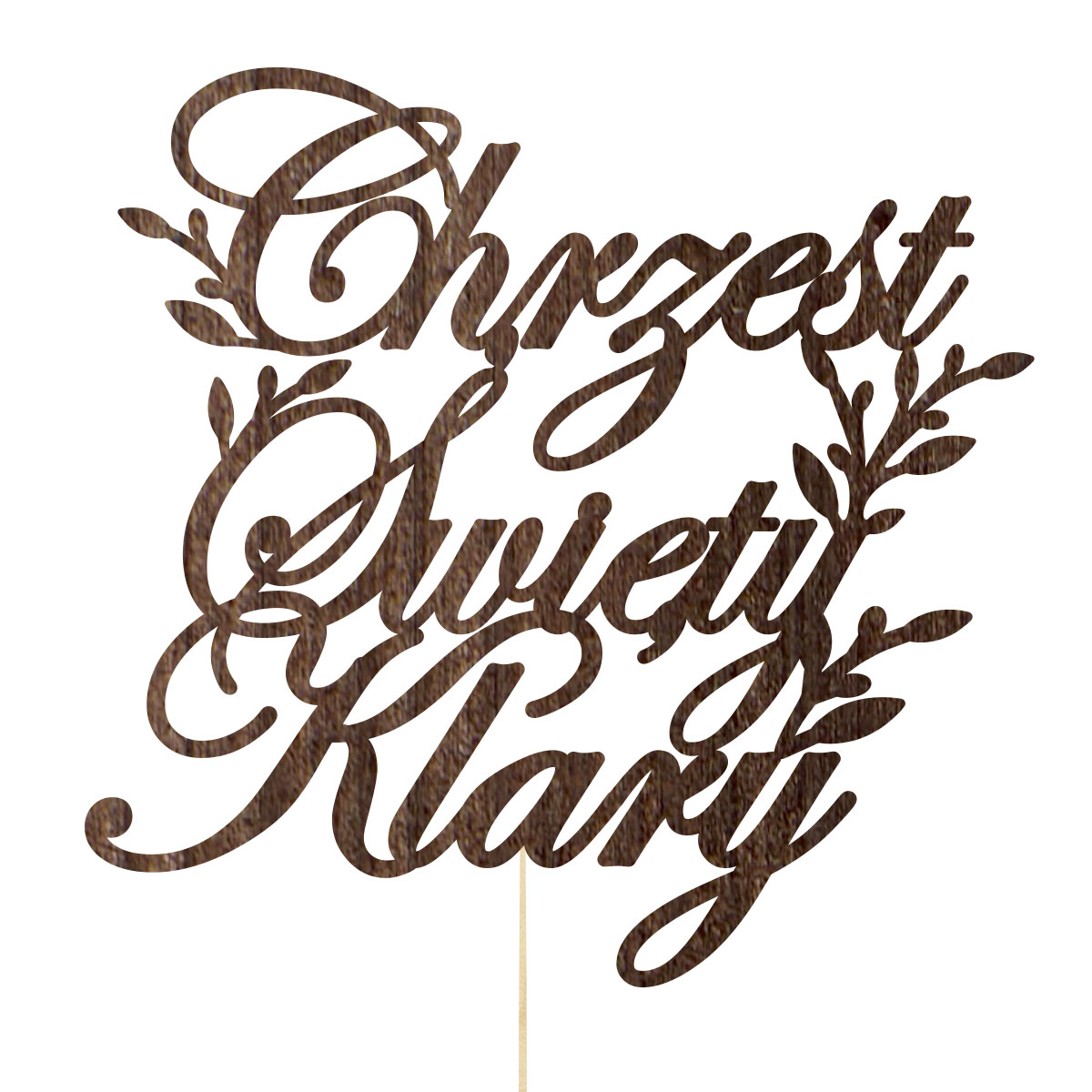 Topper dekoracja na bok tortu pik napis Chrzest Święty imię drewno czekoladowy