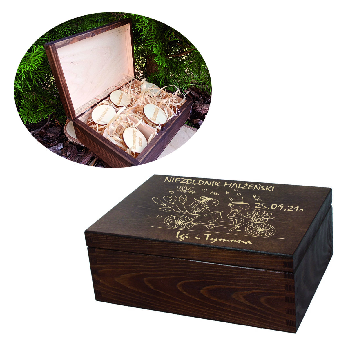 Drewniane pudełko, niezbędnik, prezent ślubny dla młodej pary personalizacja brąz
