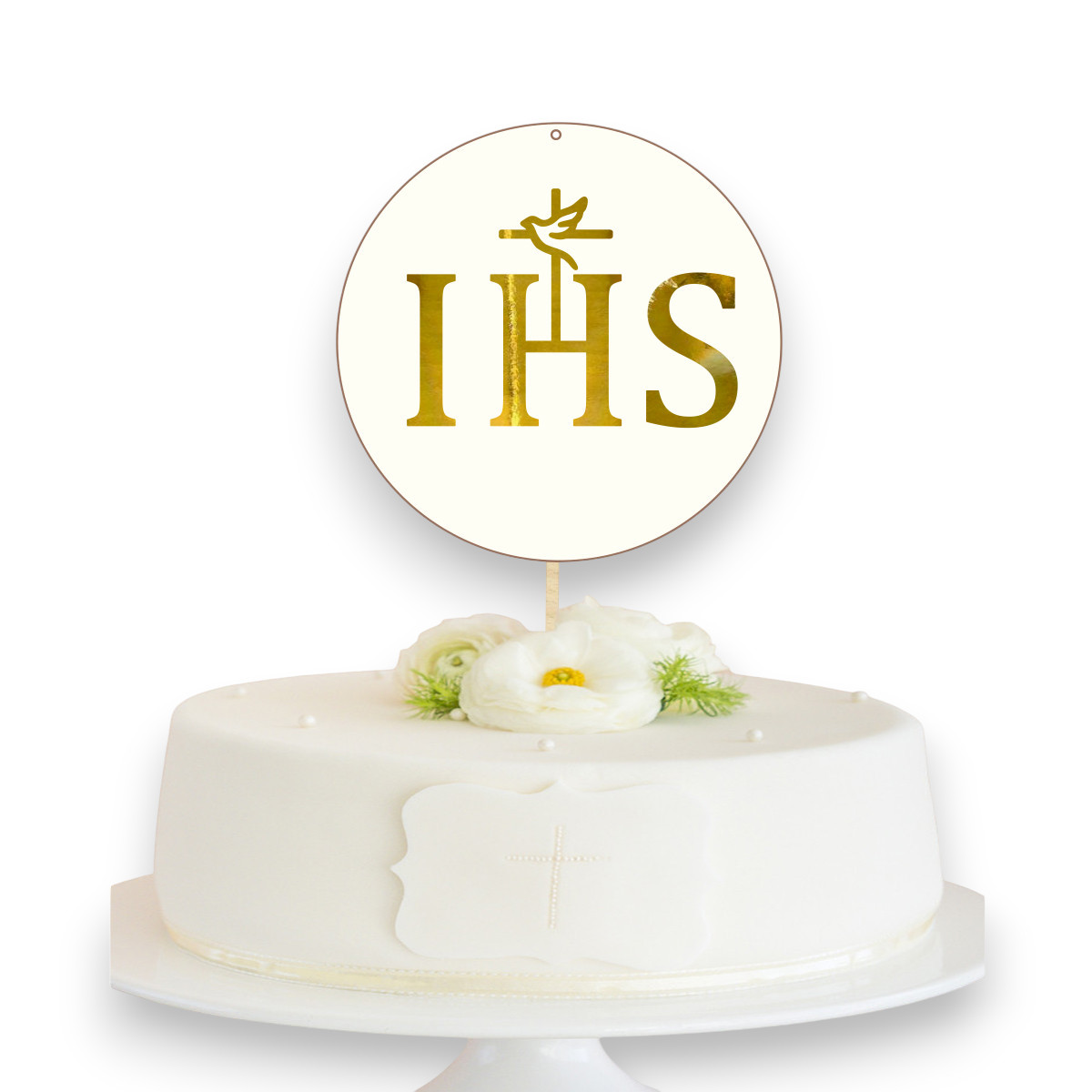 Topper na Komunię Świętą na bok tortu piker IHS hostia złoty lustrzane złoto