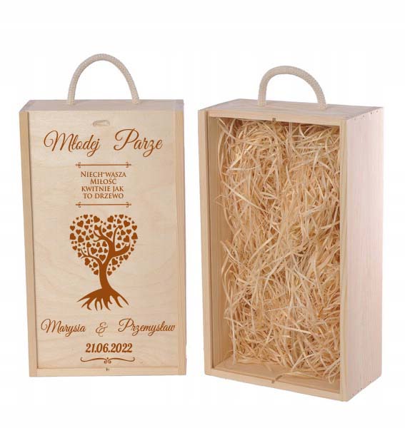 Skrzynka, pudełko drewniane podwójne na wino z grawerem ślubnym + wełna