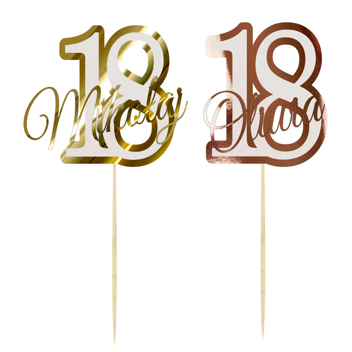 Topper urodzinowy cyferka liczba 18 osiemnastkę z imieniem dekoracja na tort pik lustrzane złoto lub różowe złoto