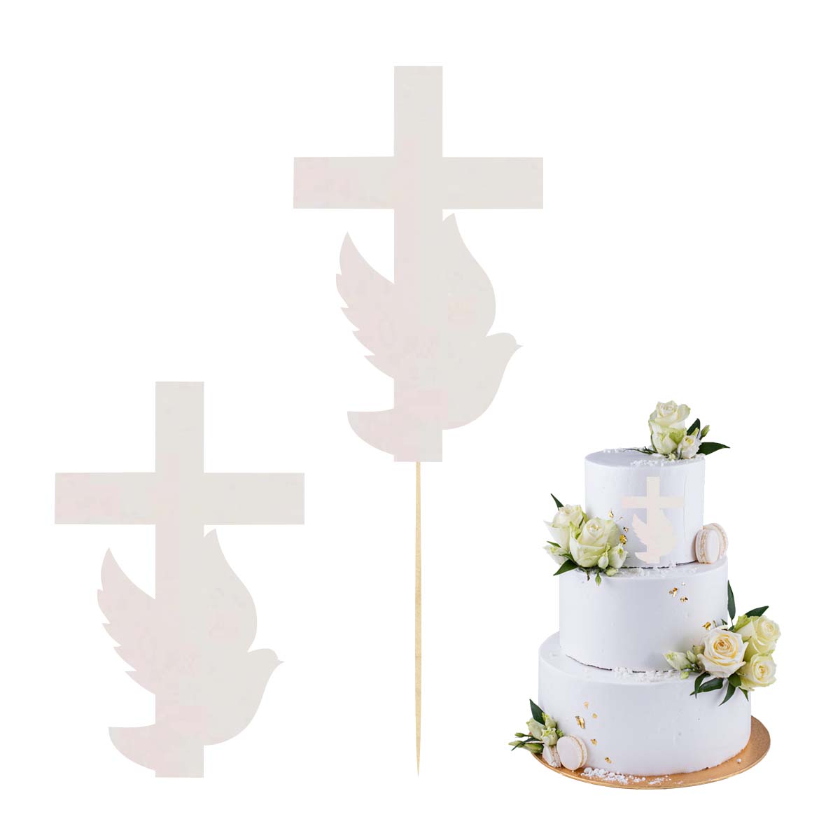 Topper na bok tortu gołąb i krzyż biały, dekoracja na Komunię Świętą pik scrapki