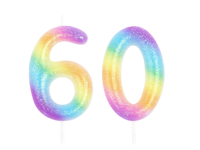 Świeczka urodzinowa na tort Cyfra 60, tęczowa z brokatem, 10 cm