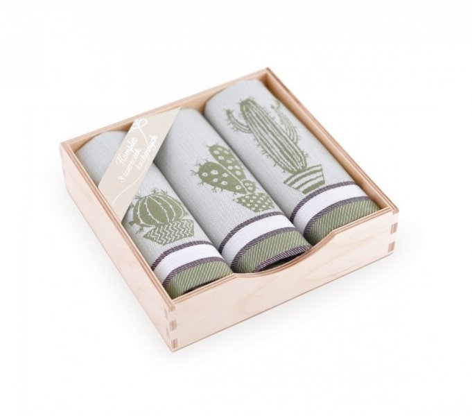 Komplet kuchenny trzech ścierek z technologią antybakteryjną 50x70 w pudełku drewnianym wz. 8691/2 oliwka