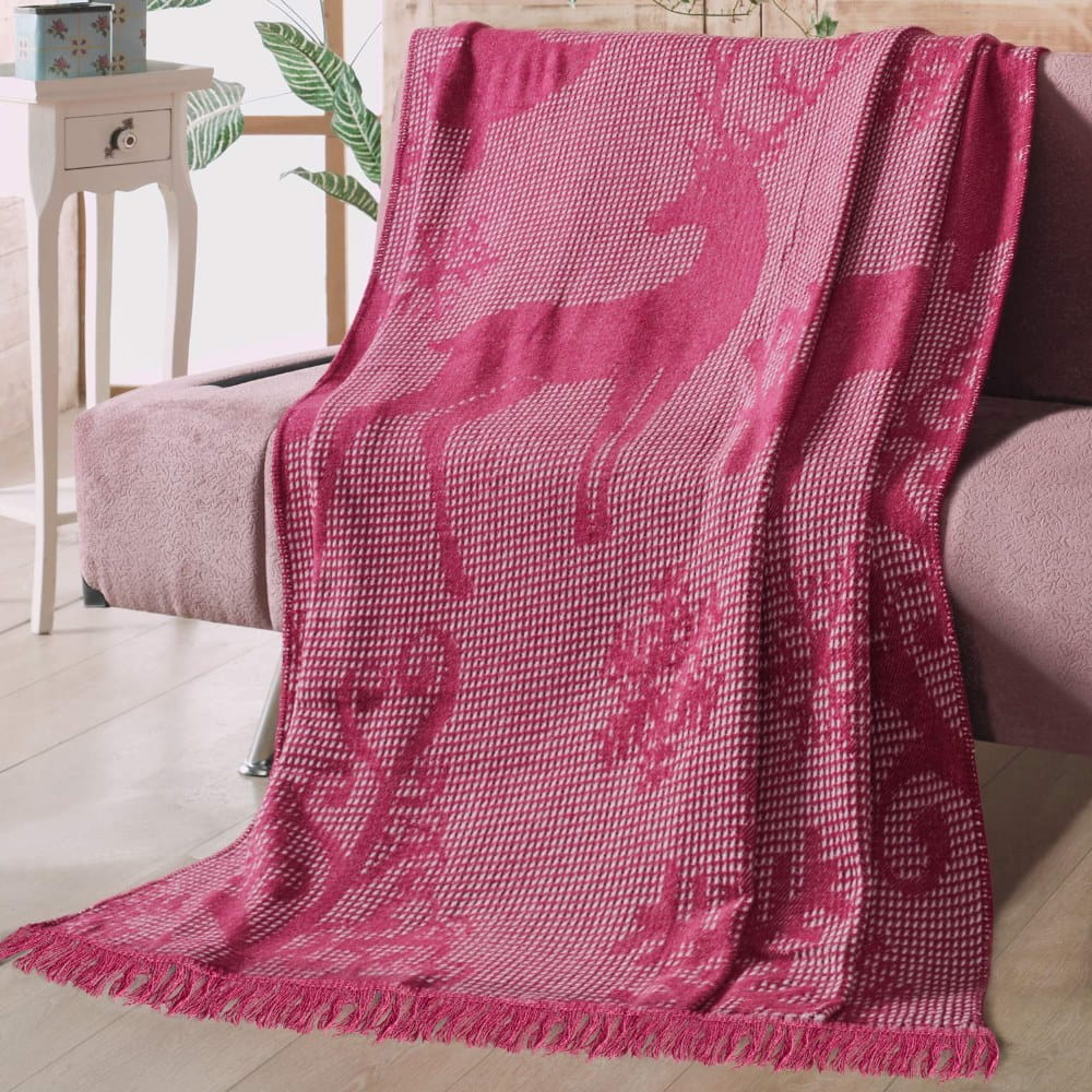 Koc świąteczny 150x200 bawełniany z frędzlami EDK16675 Renifery bordowy