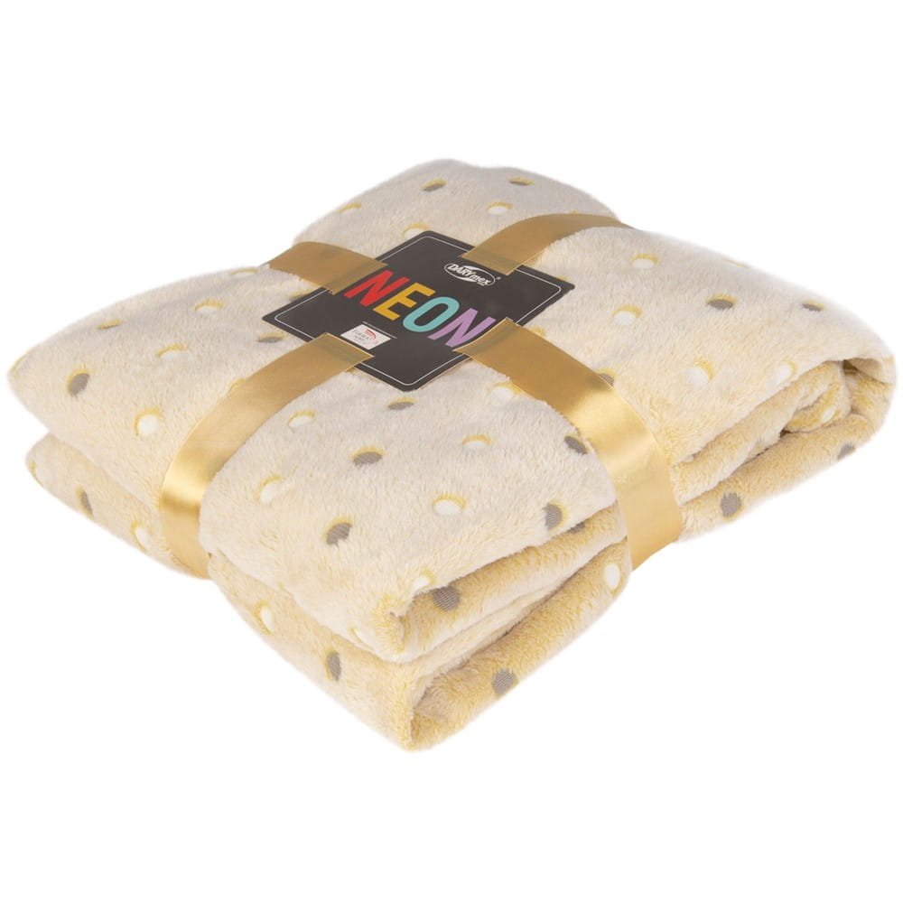 Koc 200x220 z miękkiej mikrofibry NEON jasny żółty kocyk w kremowe kropki