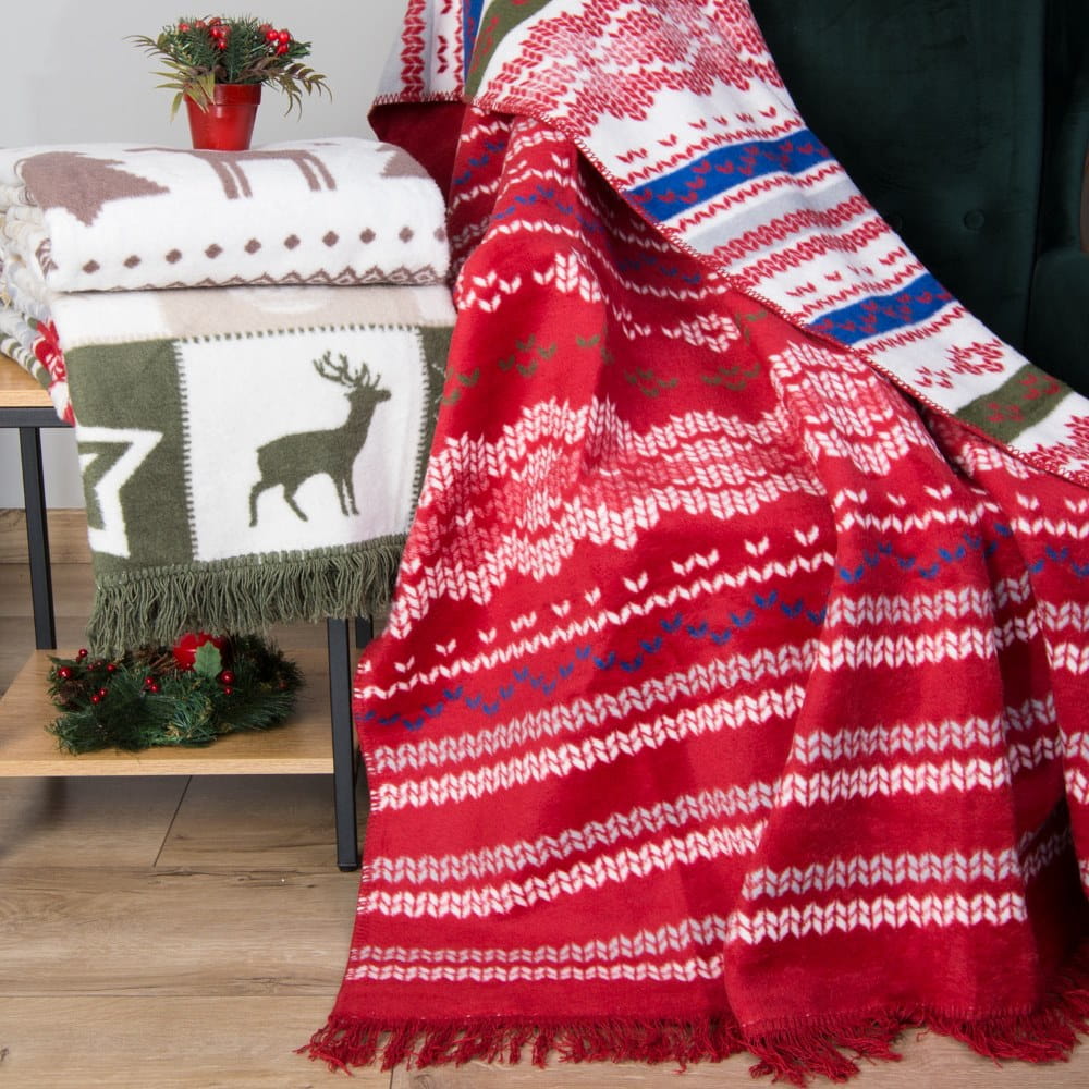 Koc bawełniany 150x200 świąteczny z frędzlami czerwony wzór sweterkowy