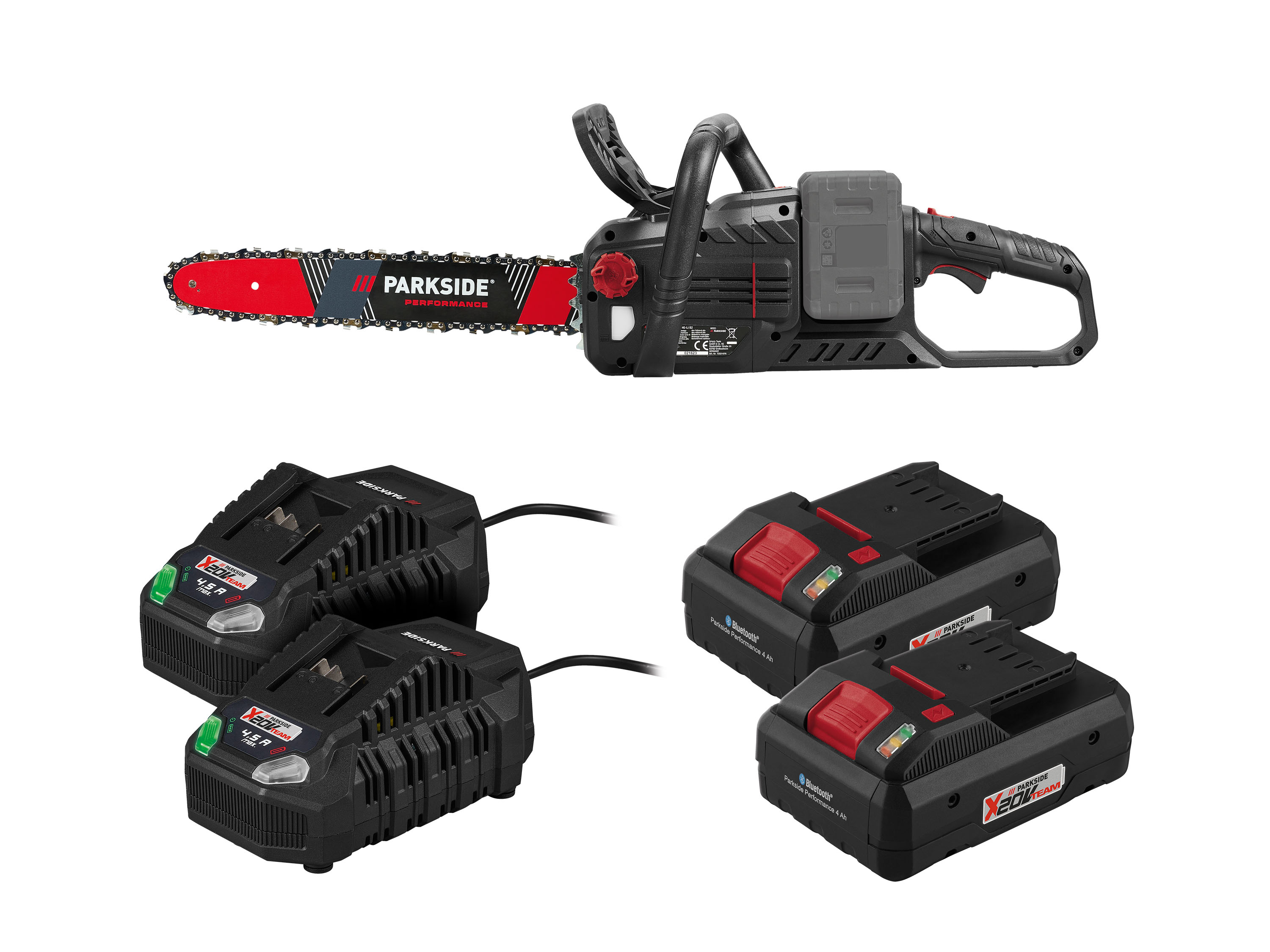 Parkside Performance Zestaw Akumulatorowa piła łańcuchowa 40 V z 2 akumulatorami Smart, 4 Ah i 2 szybkimi ładowarkami, 4,5 A