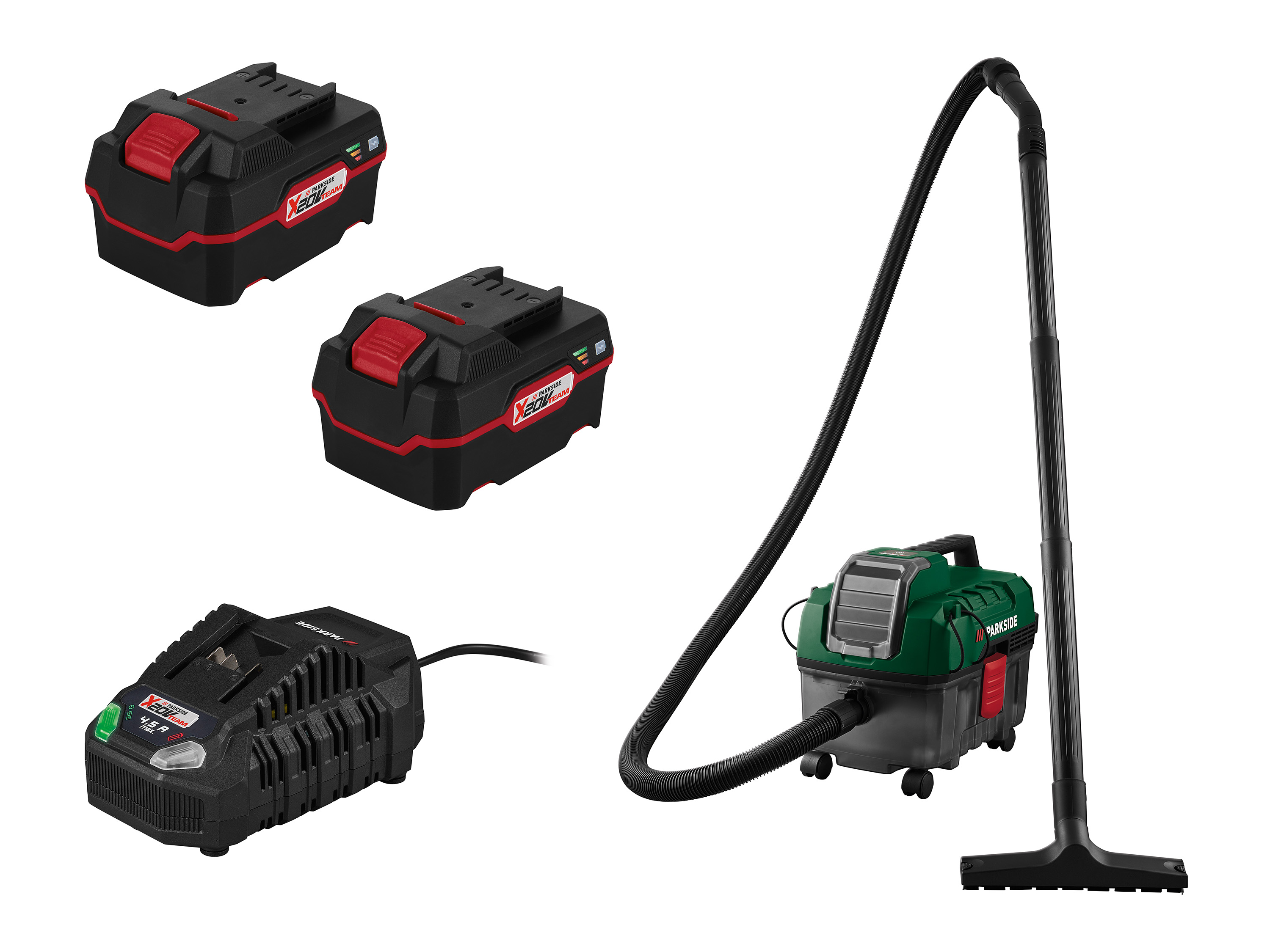 Parkside Zestaw Akumulatorowy odkurzacz do pracy na mokro i na sucho 20 V z 2 akumulatorami, 4 Ah i szybką ładowarką, 4,5 A