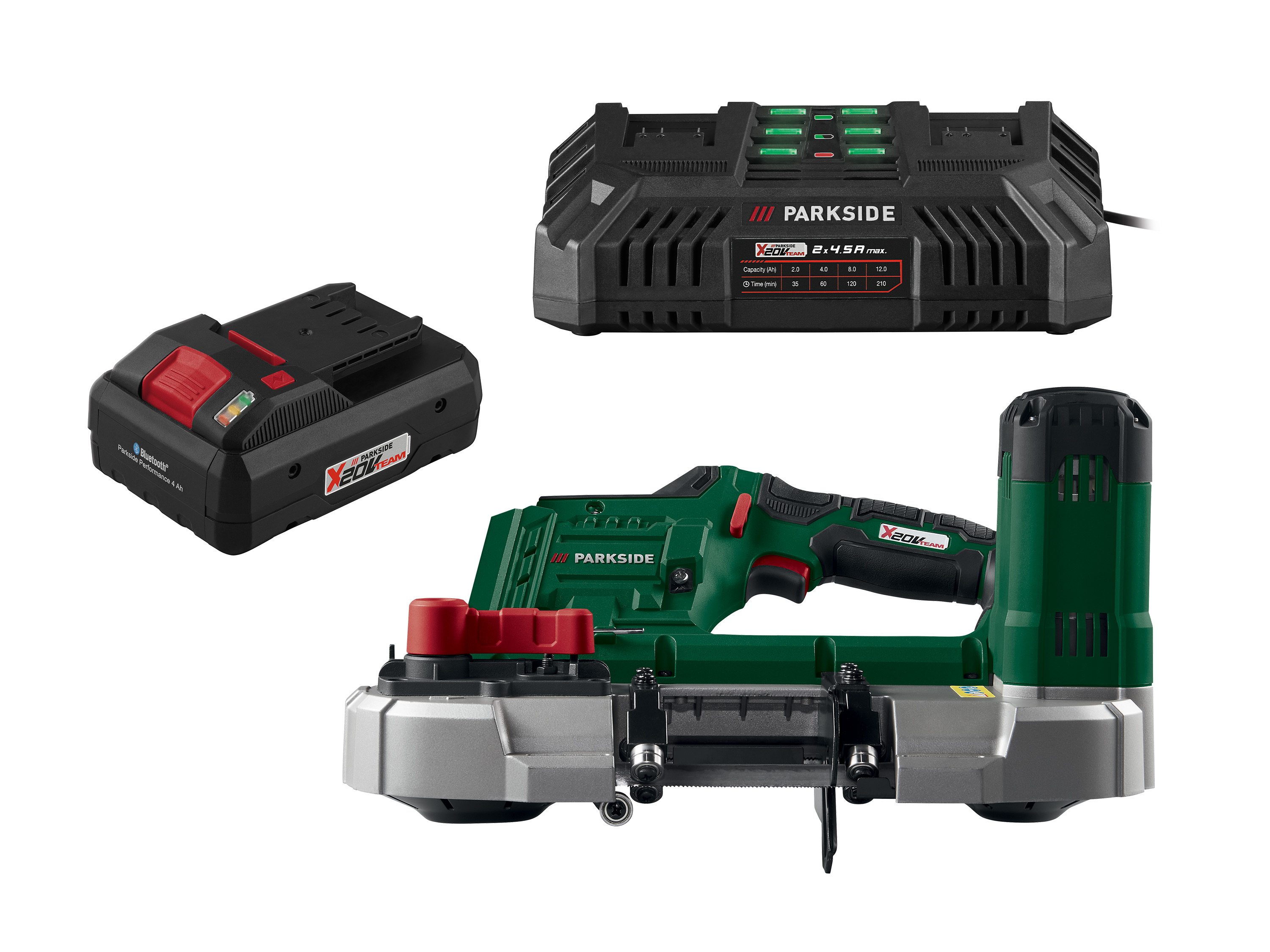 Parkside Zestaw Akumulatorowa piła taśmowa, 20 V z akumulatorem litowo-jonowym Smart, 4 Ah i podwójną ładowarką 2 x 4,5 A