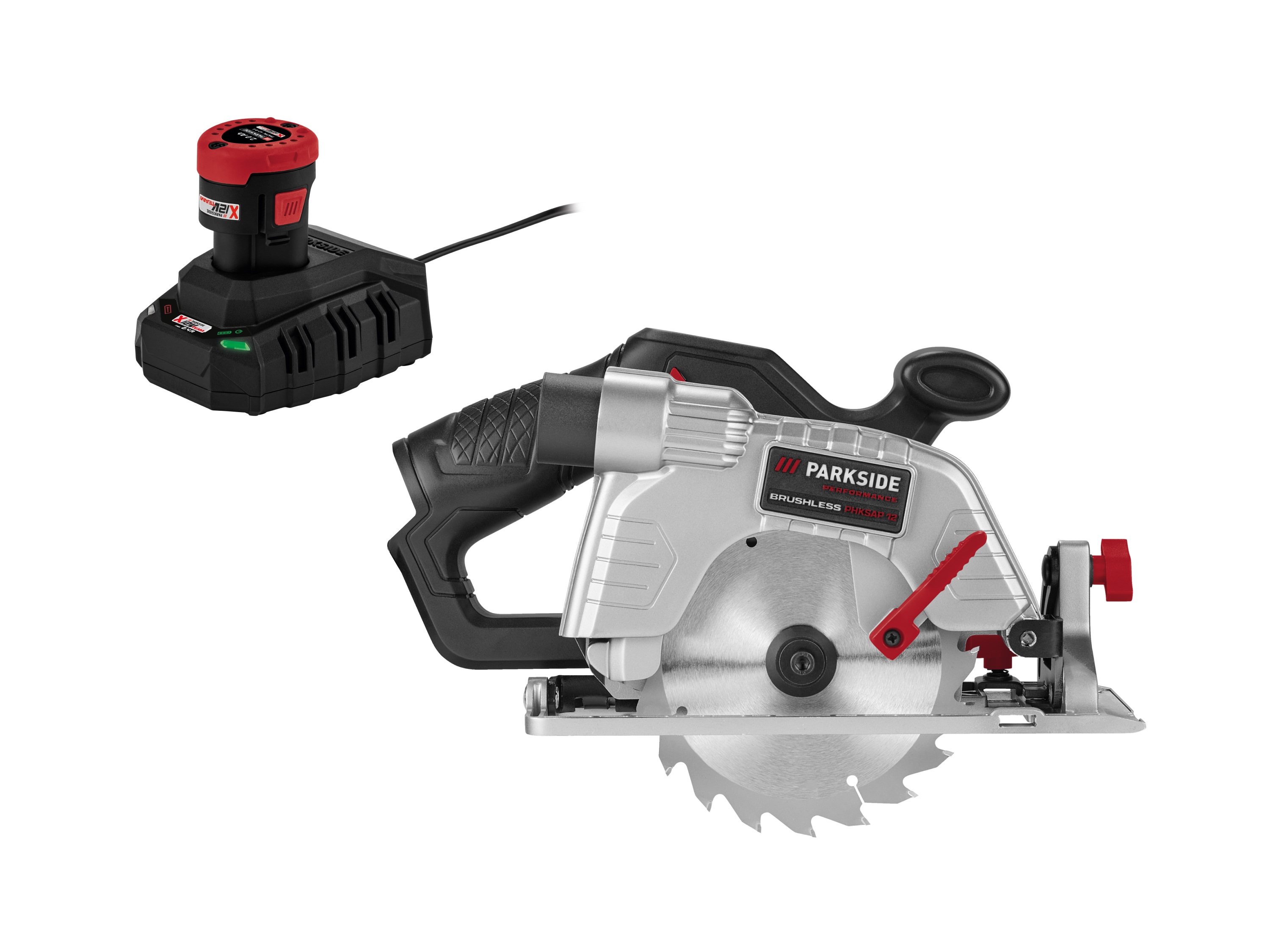 Zestaw Akumulatorowa piła ręczna tarczowa, 12 V z akumulatorem, 2 Ah i ładowarką, 2,4 A