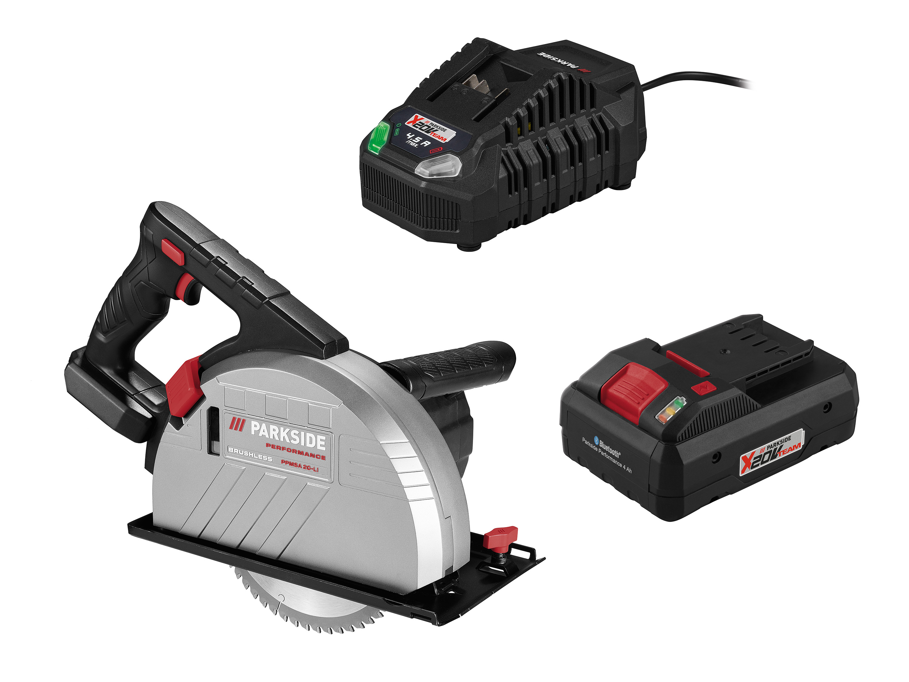Parkside Performance Zestaw Akumulatorowa piła tarczowa do cięcia metalu 20 V z akumulatorem Smart, 4 Ah i szybką ładowarką, 4,5 A