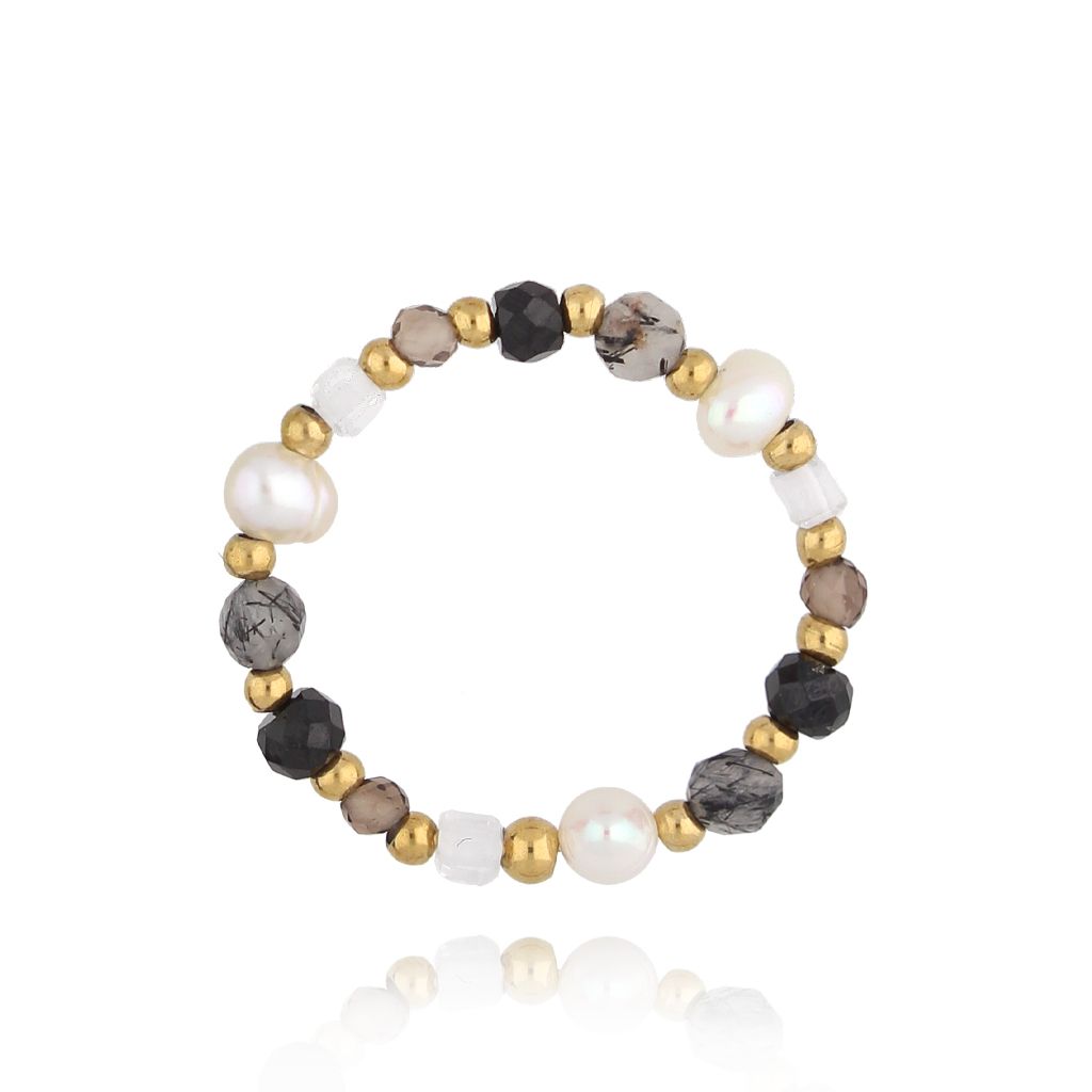 Pierścionek elastyczny z kwarcami i perłami Latifa PSC0532 - By Dziubeka