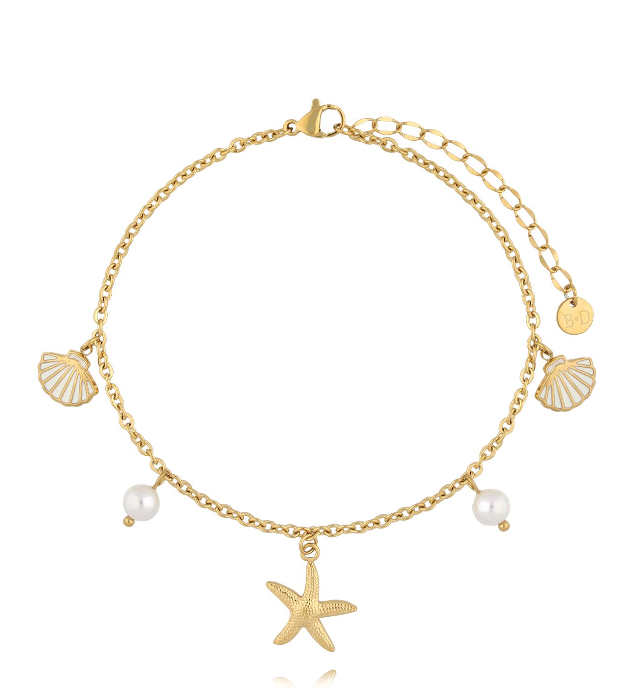 Bransoletka na nogę ze złotymi zawieszkami – muszelki, rozgwiazda i perły BNSY0062 - By Dziubeka