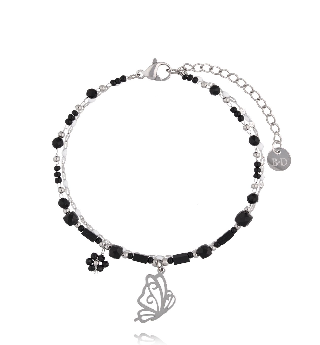 Bransoletka z czarnymi kamieniami i zawieszką motyla BSY0582