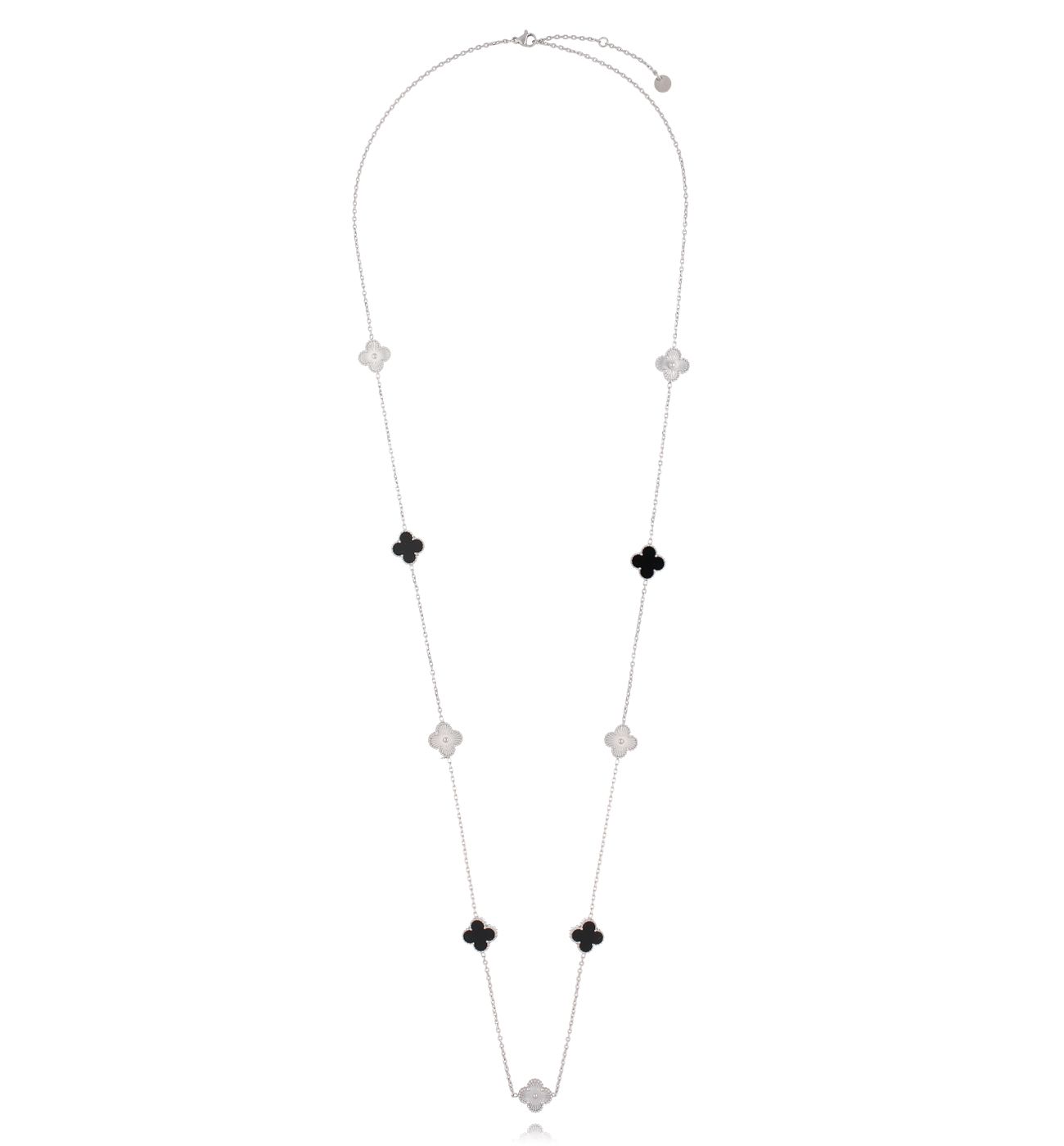 Naszyjnik długi ze srebrnymi i czarnymi koniczynkami NSY0708