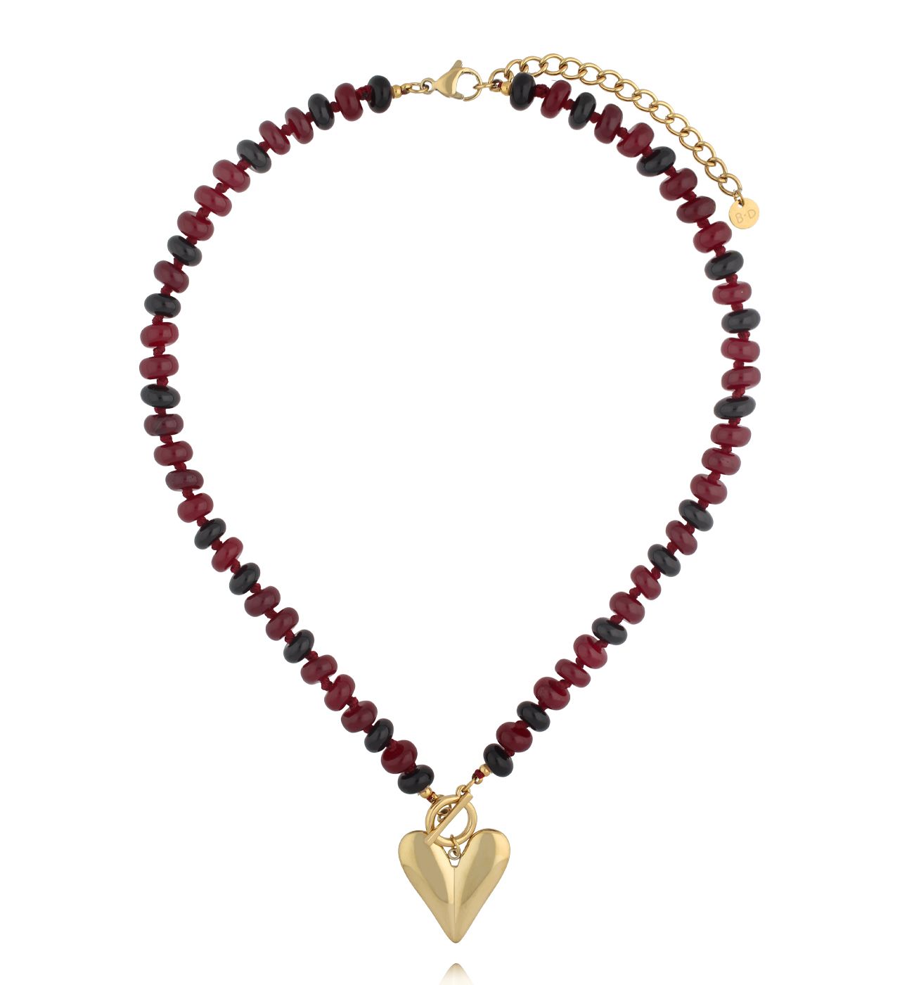 Naszyjnik z bordowych i czarnych kamieni z pozłacanym sercem NPA1590