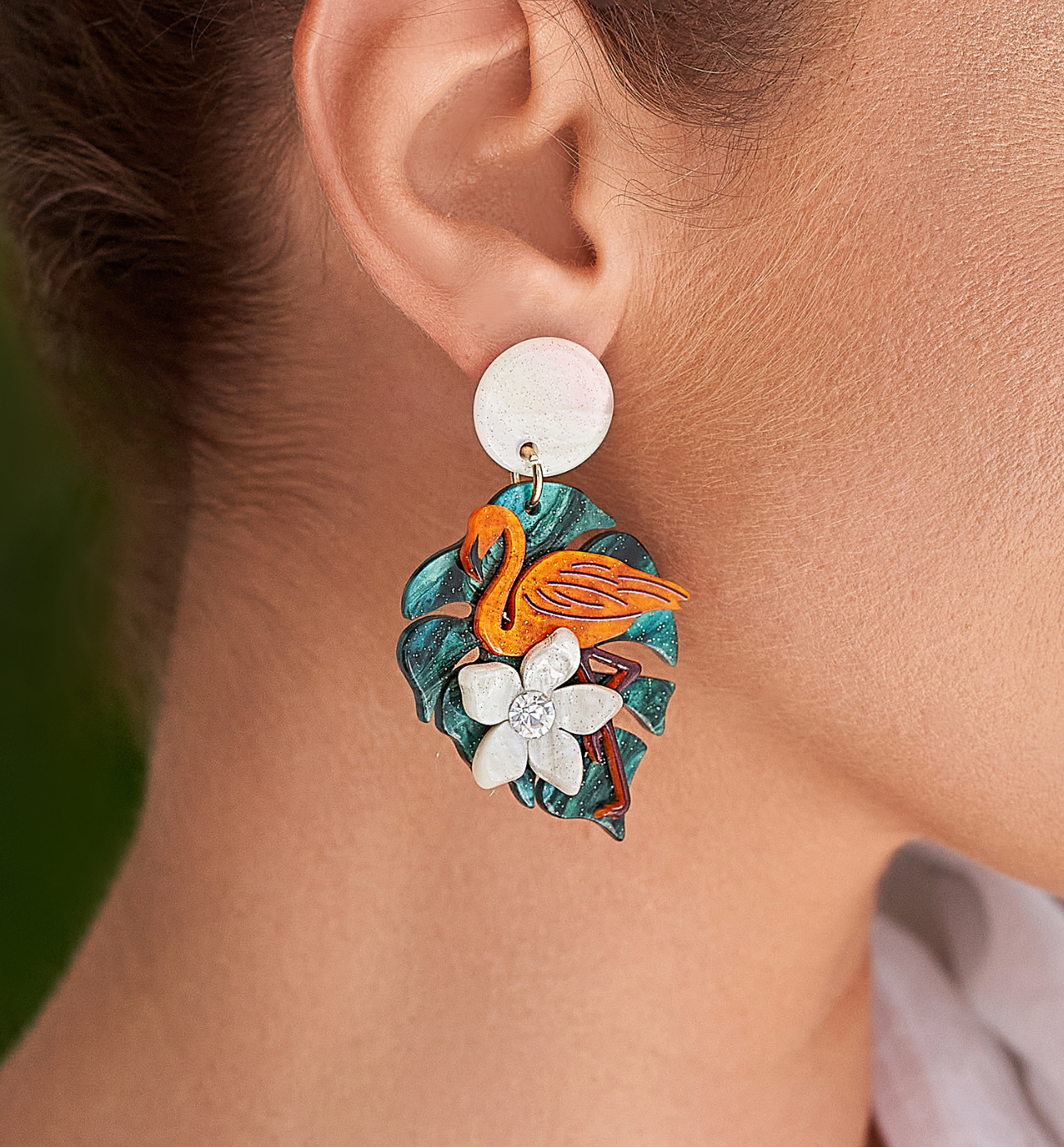 Kolczyki z flamingami na liściach Orange Flamingo KZA0082