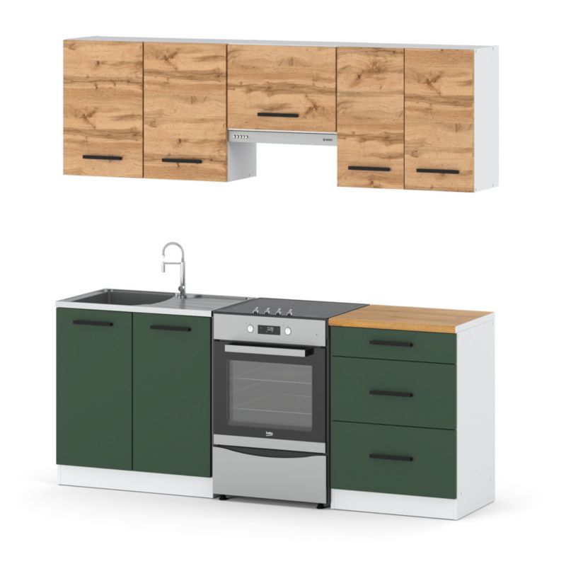 Zestaw Kuchenny Hurtownia-Mebli Z Blatem Kuchnia Mini Mokka Plus 200cm Biały Mat Dąb Wotan/Butelkowa Zieleń 200x47x145 cm 1szt.
