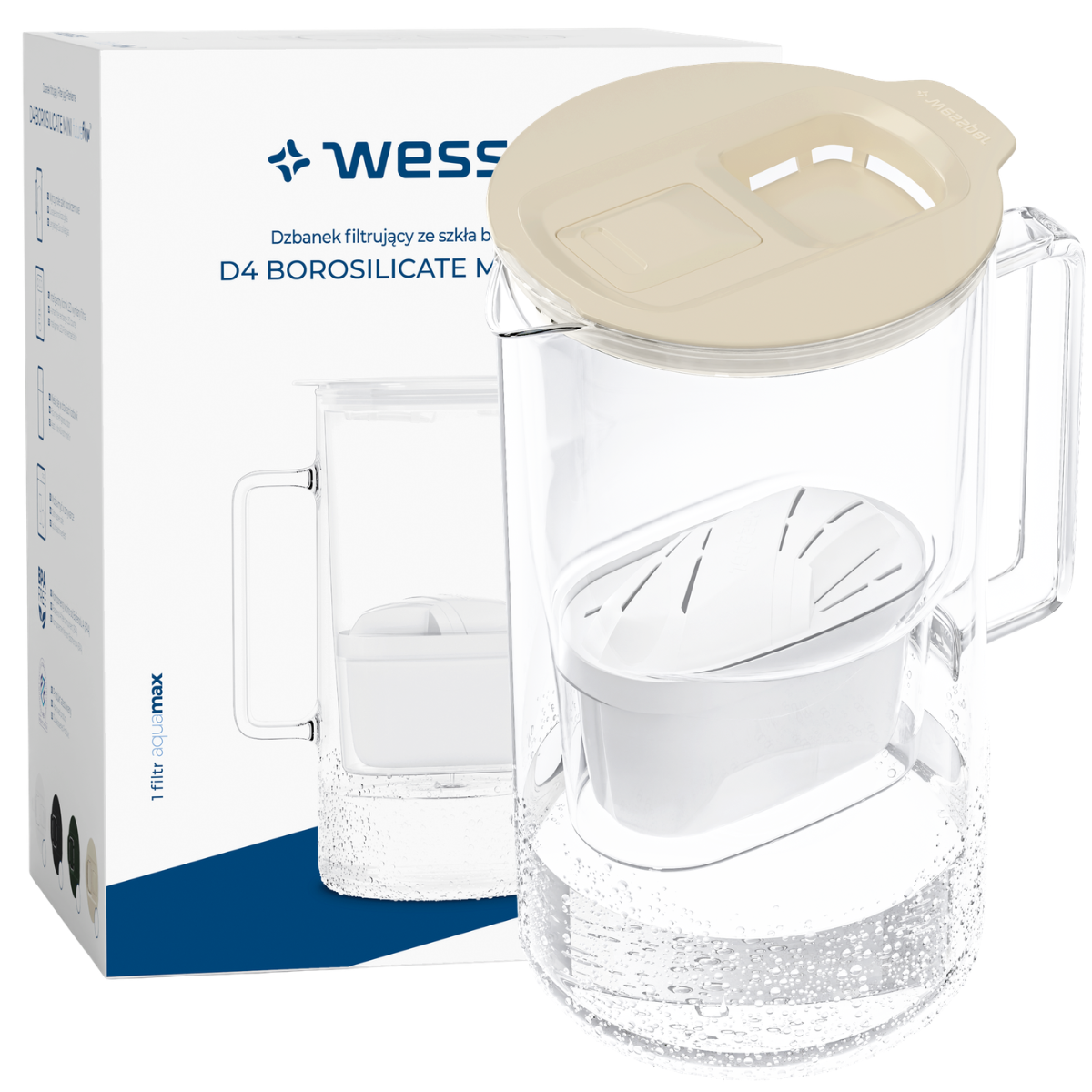 Szklany mały dzbanek filtrujący 2l Wessper D4 MINI, beżowy.