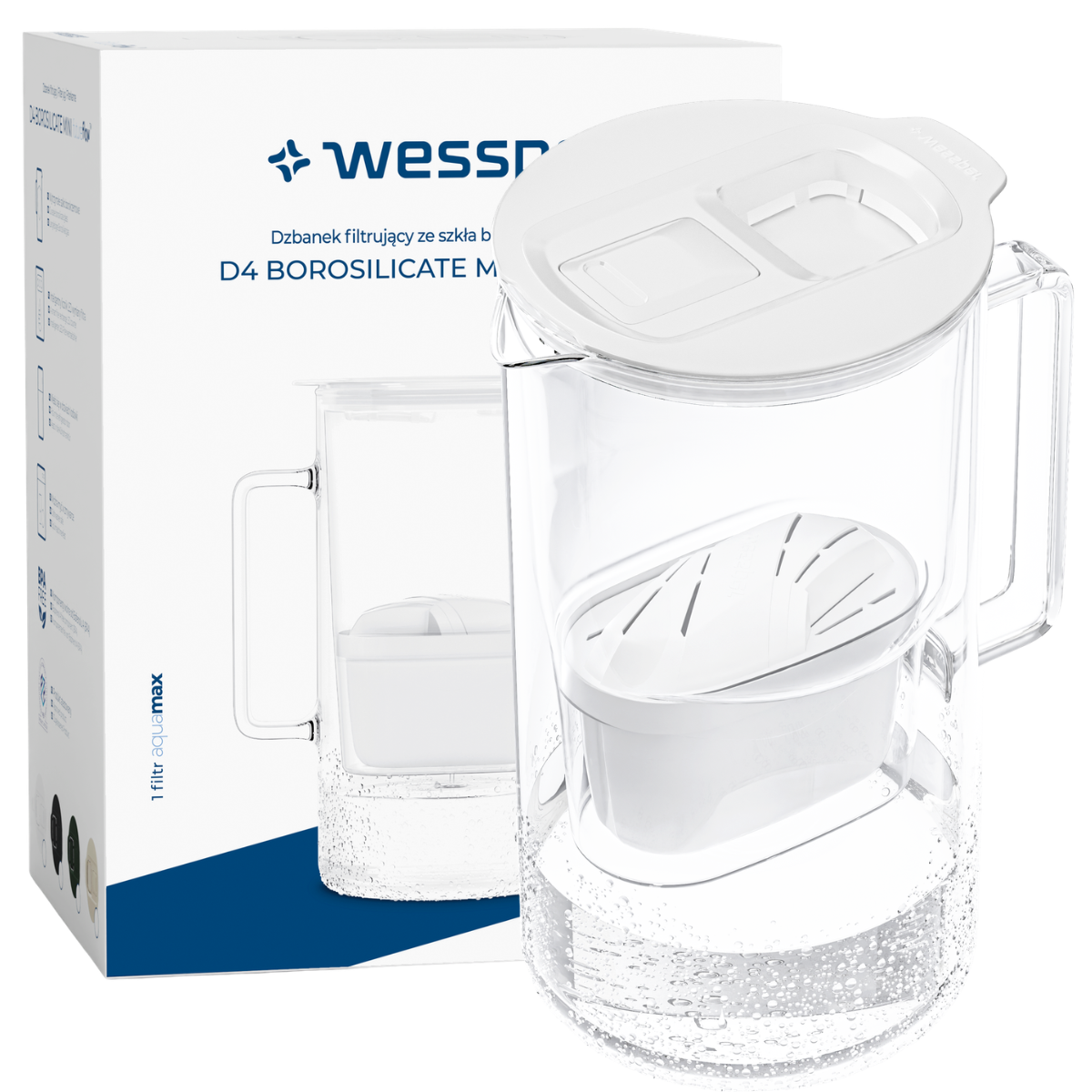Szklany dzbanek filtrujący 2 l Wessper D4 MINI, biały.
