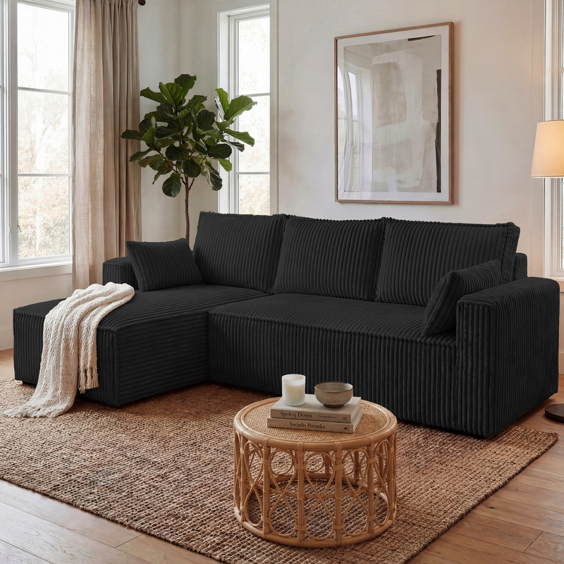 Czarna kanapa narożna PILO z funkcją spania rozkładana do salonu