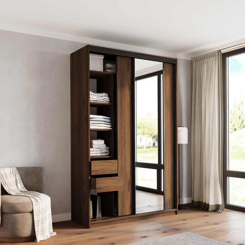 Wysoka szafa przesuwna z lustrem 150 cm do sypialni LOFT MAX orzech