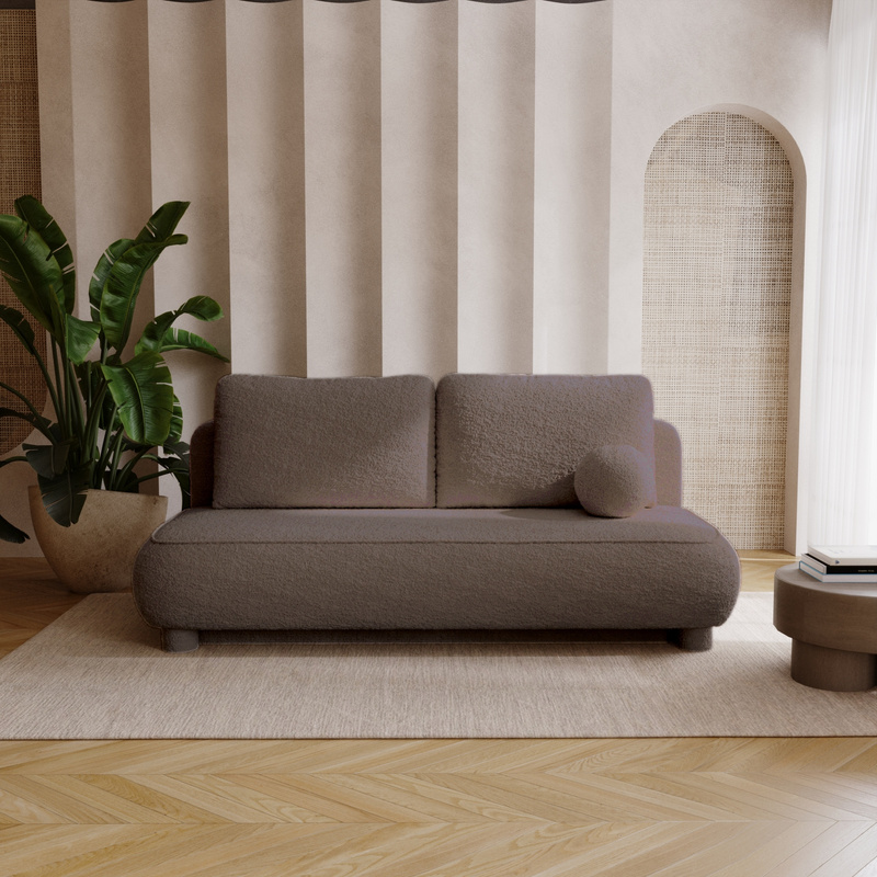 Rozkładana kanapa z funkcją spania i pojemnikiem do salonu boucle kolor pastelowy fiolet GISELLE