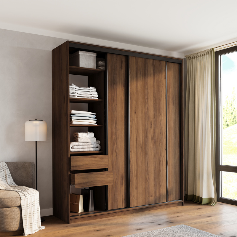 Wysoka szafa przesuwna 200 cm do sypialni LOFT MAX orzech