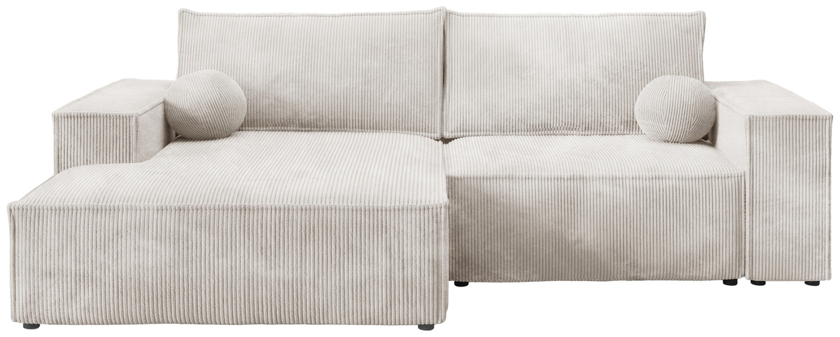 Beżowa kanapa rogowa z funkcją spania do salonu sztruksowa PABLO MINI