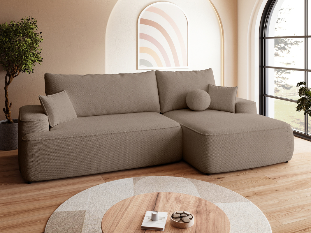 Beżowa kanapa narożna do salonu z funkcją spania CARMELLO