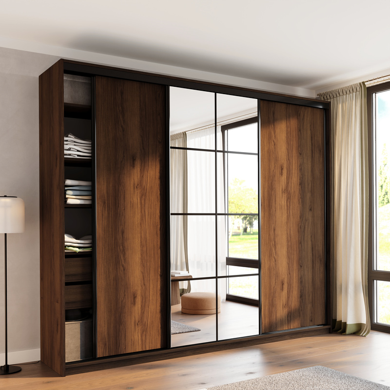 Wysoka szafa przesuwna z lustrem 280 cm do sypialni EDGE MAX orzech